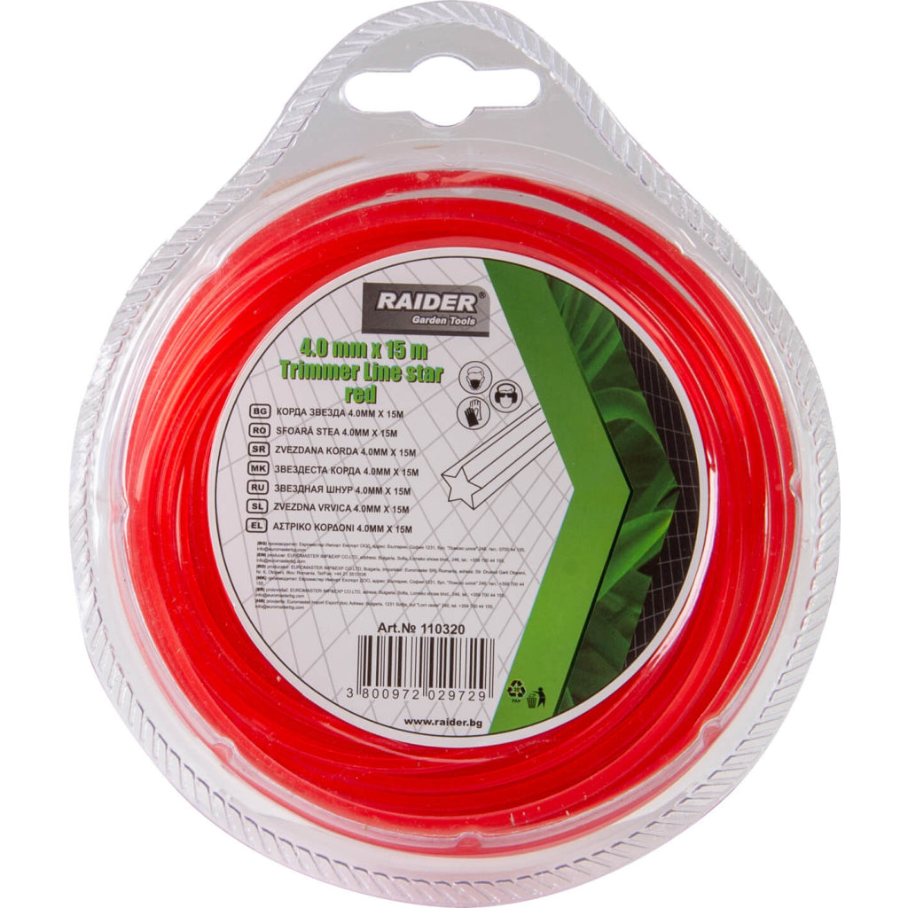 RAIDER Fir tip stea pentru motocoasa 4.0mm х 15m rosu Firul stea tridimensional este special conceput pentru o funcționare de lungă durată și eficientă Acest tip de fir are o