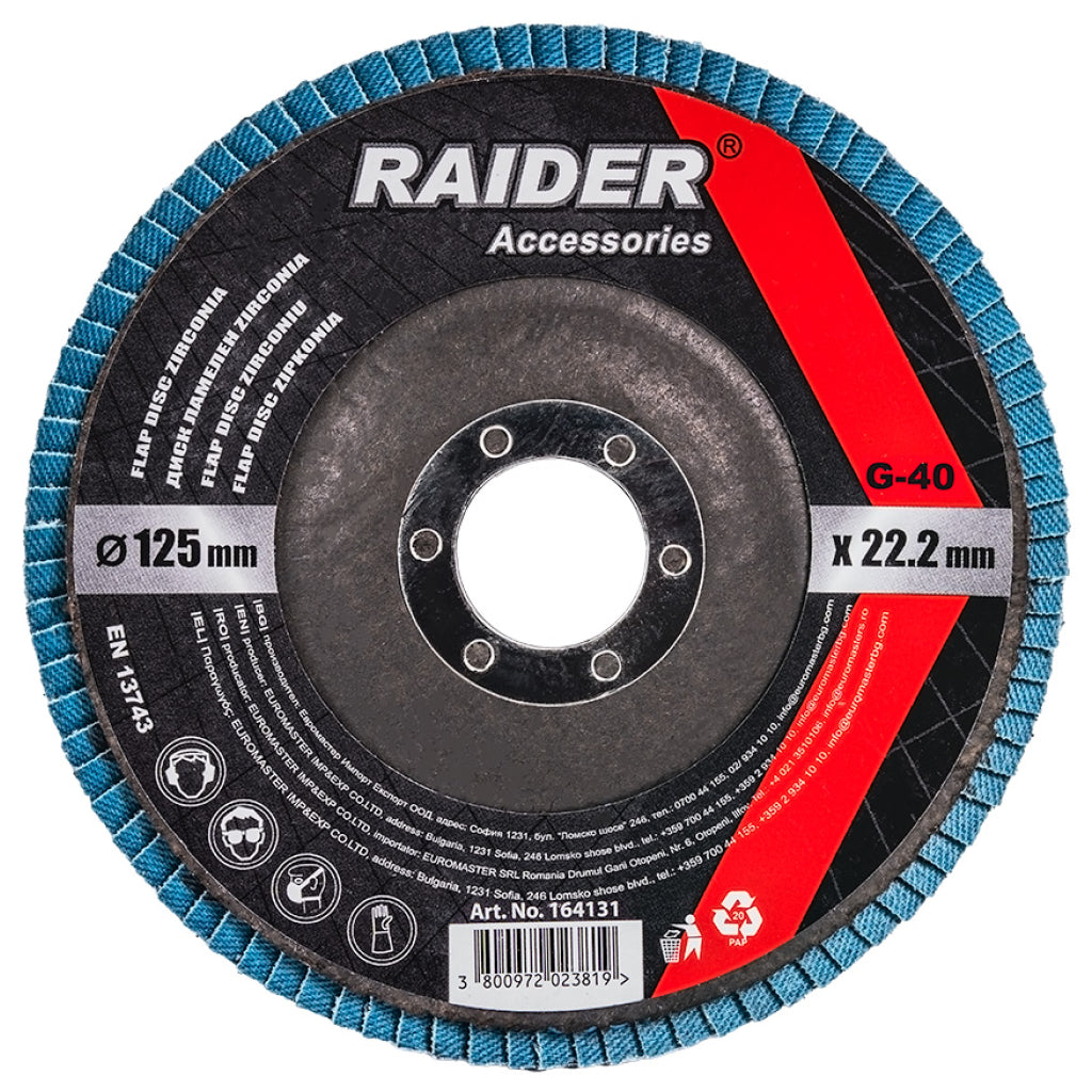 RAIDER Disc lamelar zirconiu 125mm G-40 Granule abrazive de zirconiu care oferă durabilitate Granulație G-40 Construcția lamelară permite o răcire mai bună în t