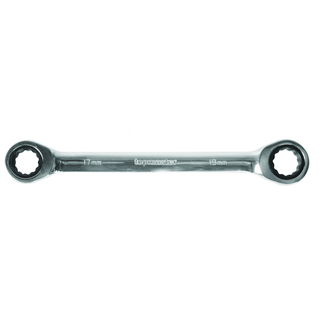 TOP MASTER PRO Cheie dubla inelara cu clichet 8x10mm DOUBLE CR-V TMP Material: otel crom-vanadiu de inalta calitate presat la cald Acoperire anticoroziune crom-nichel Complet lustruit