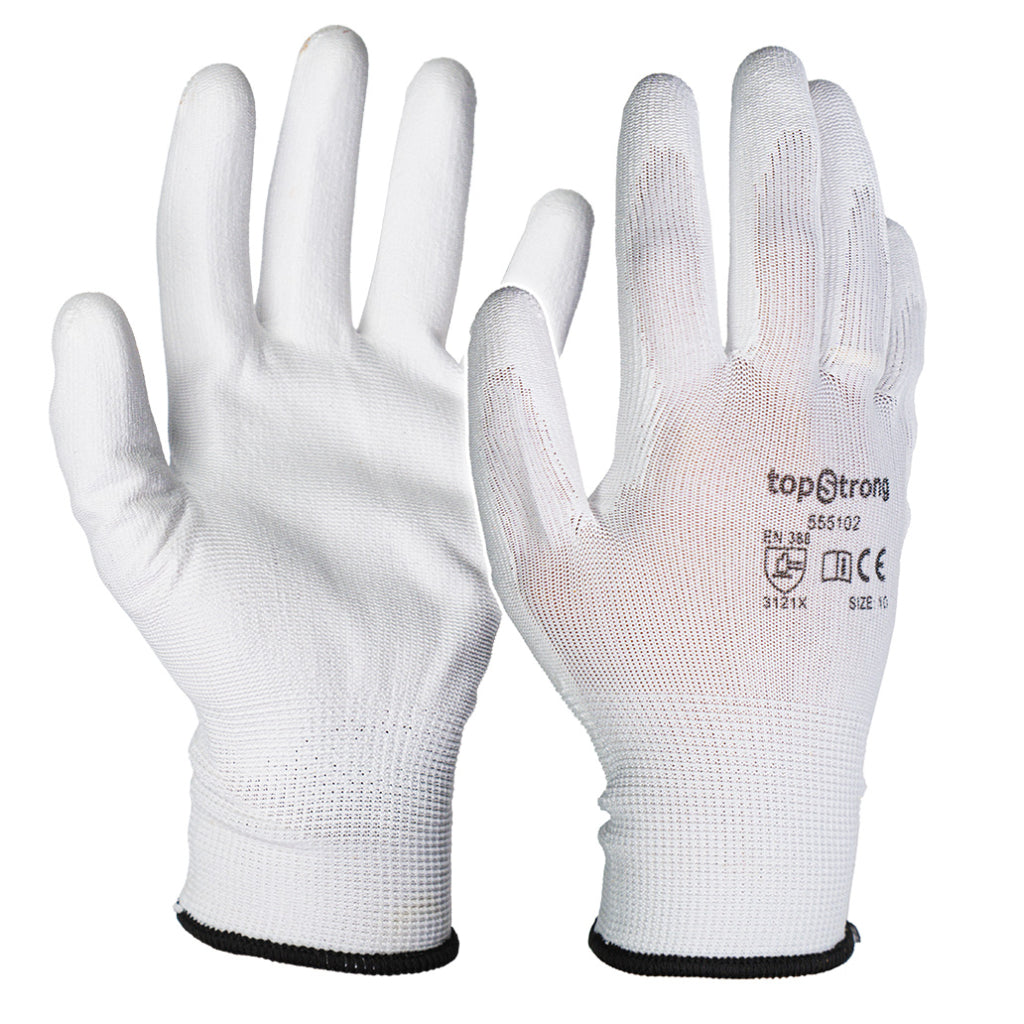 TOP STRONG Manusi poliuretan – alb, marime 10 Complet acoperite cu poliuretan Din poliester fara cusaturi