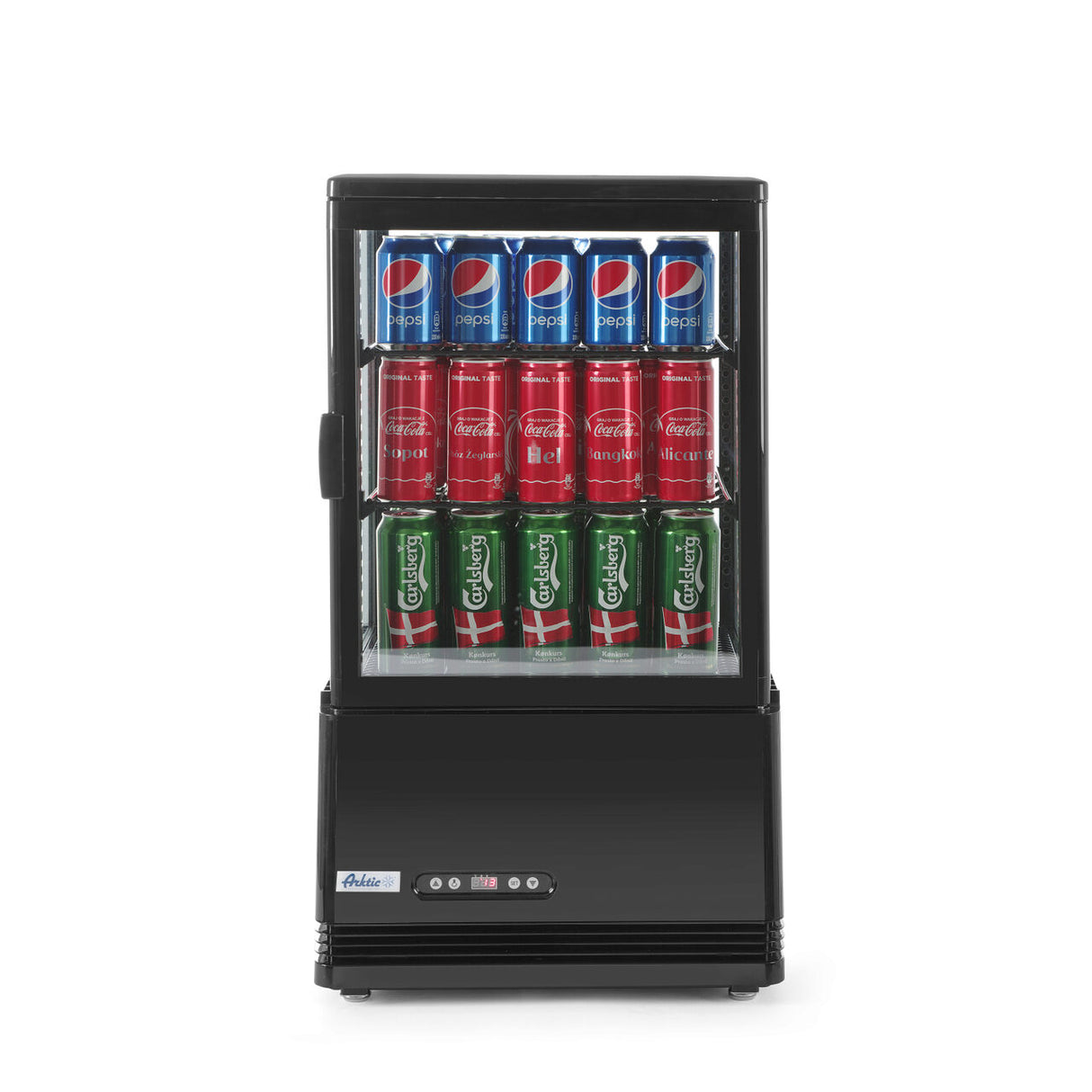 Vitrina rece pt prezentare, neagra, 58 lt, interval temp. 2-6 gr C, 170 W, 2 rafturi reglabile pe inaltime, ARKTIC by Hendi, 452x406x(H)816 mm, Clasa energetica C