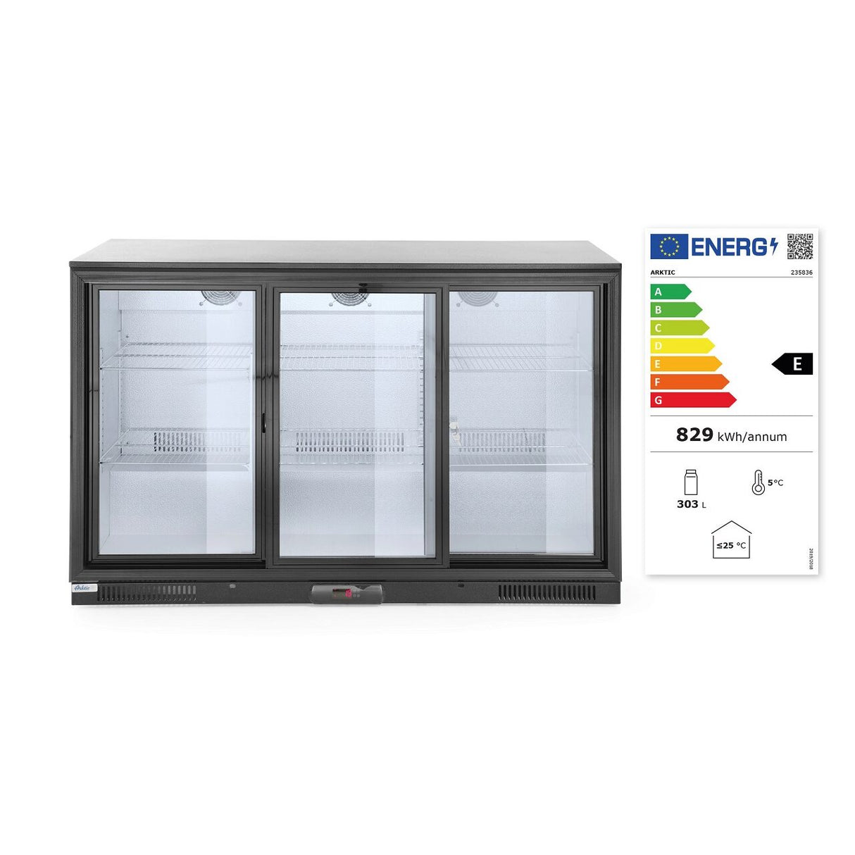 Vitrina frigorifica de prezentare 3 usi glisante interval temperatura 2/10?C, 300 W, corp inox, ARKTIC by Hendi, 1335x500x(h)900 mm 338 Litri, Clasa energetica E