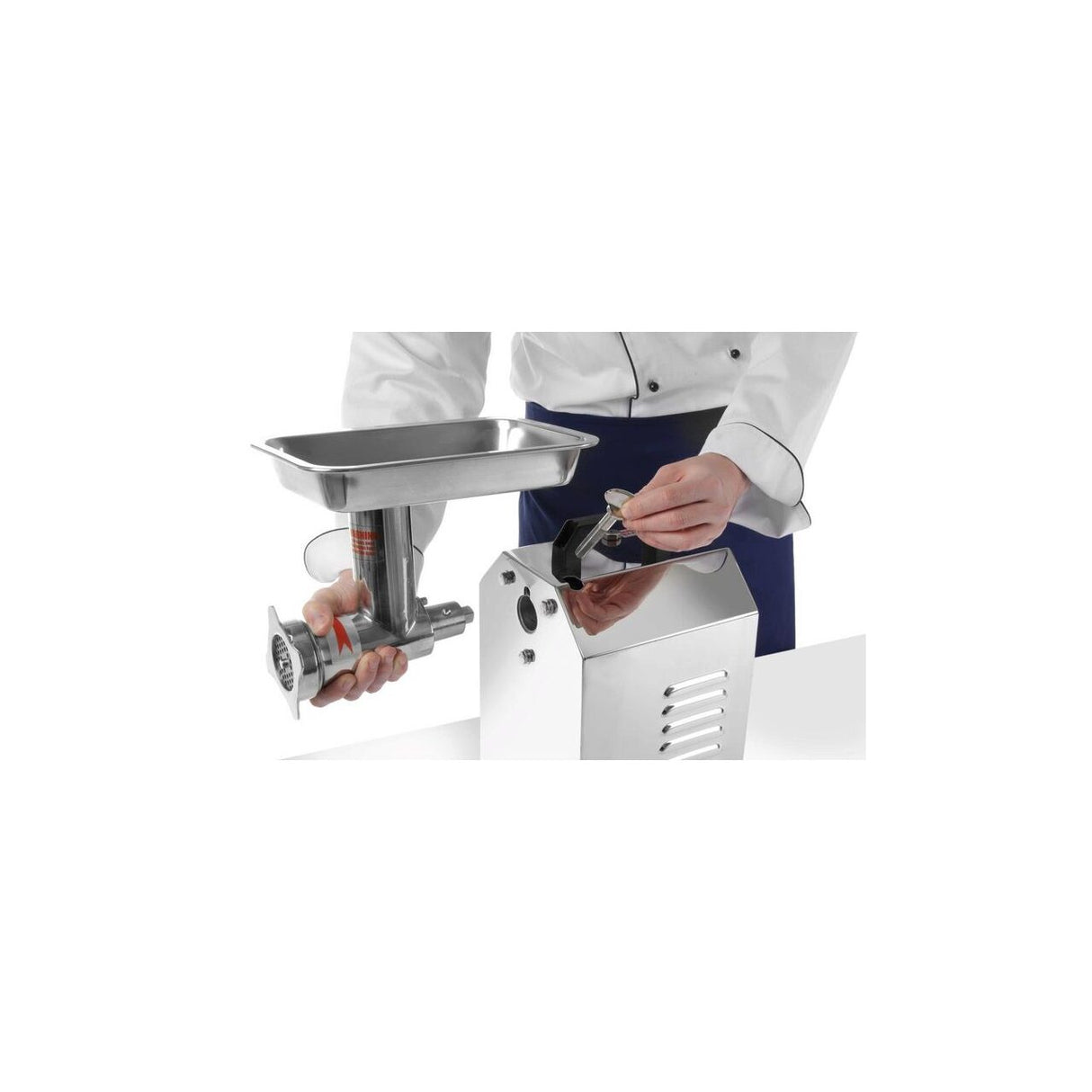 Masina de tocat carne, 2 discuri tocare de 6 si 8 mmm din inox, cutit din inox, melc din inox, tub pentru impingere, Hendi Top Line, 250 Kg/ora, corp inox, palnie inox chirurgical 304, 900 W