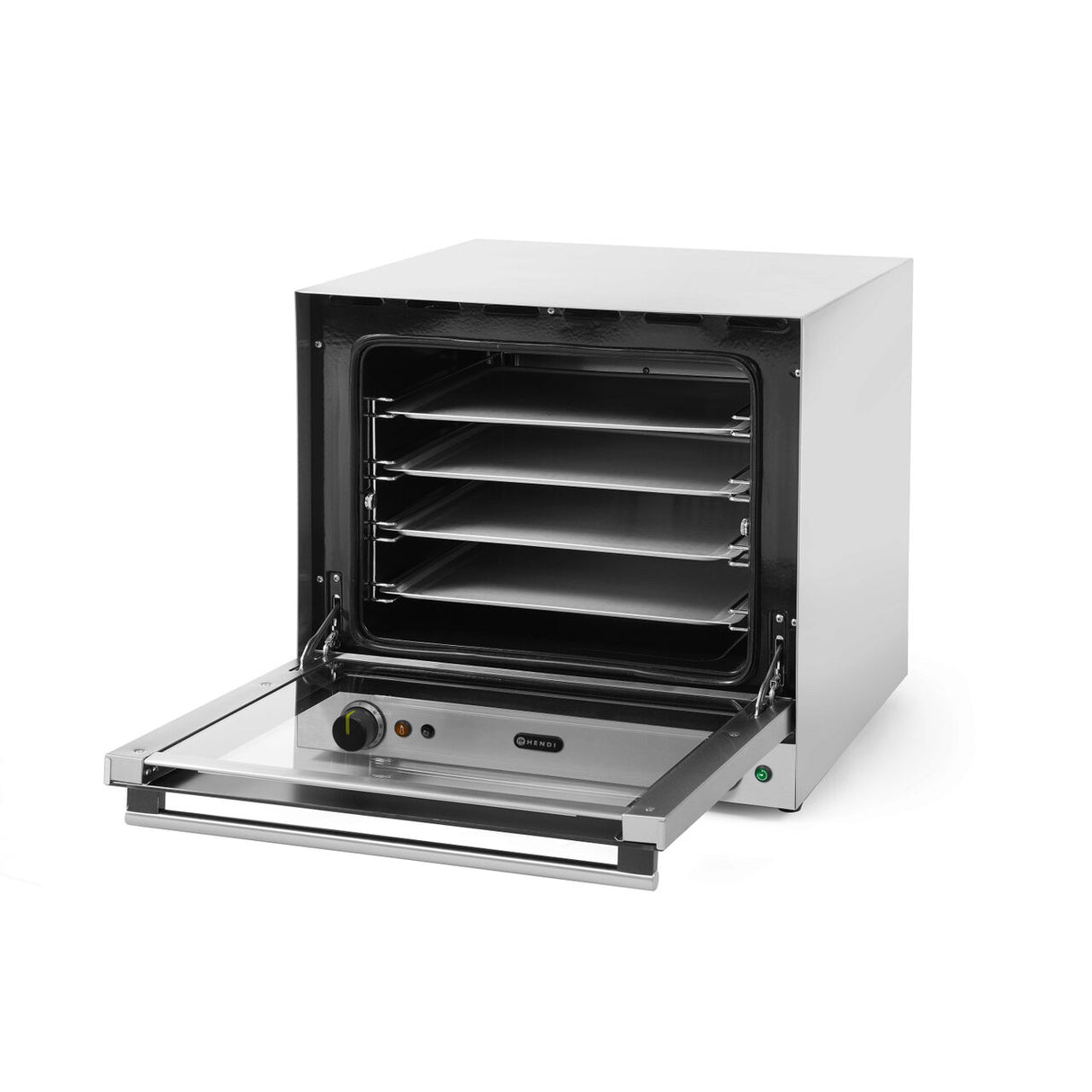 Cuptor convectie cu umidificare Hendi H90S, 4 tavi 438x315 mm incluse, 2 elemente incalzire, 2 ventilatoare, termostat reglabil 50-300 gr C, timer 0-120 min, 2670W, 595x595x(H)570 mm