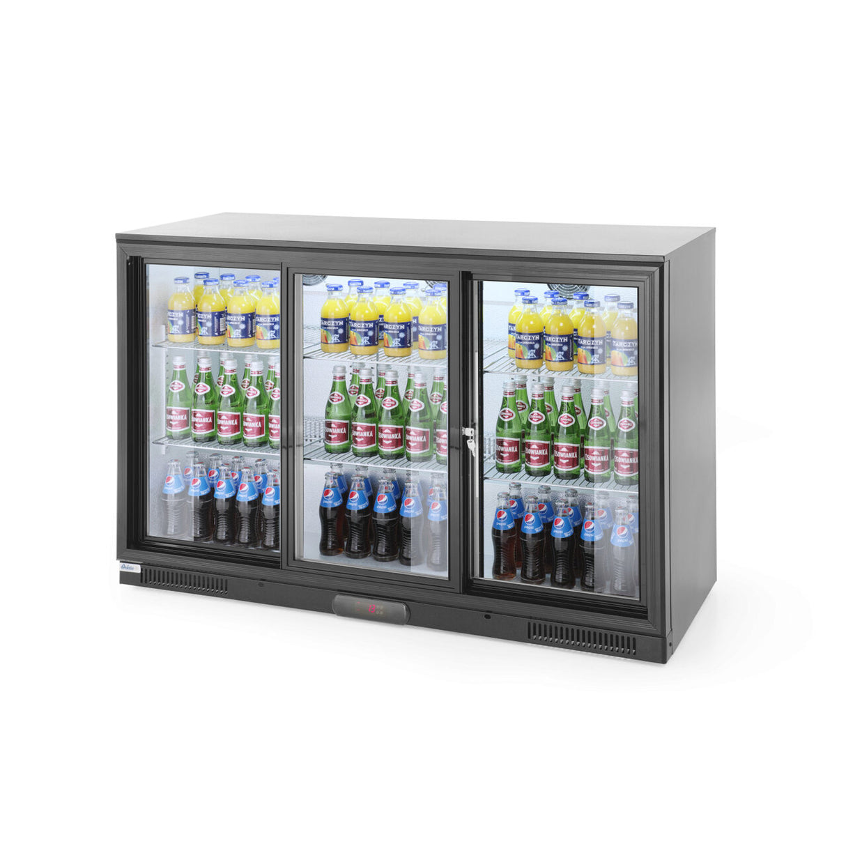 Vitrina frigorifica de prezentare 3 usi glisante interval temperatura 2/10?C, 300 W, corp inox, ARKTIC by Hendi, 1335x500x(h)900 mm 338 Litri, Clasa energetica E