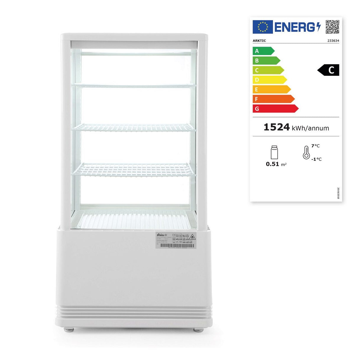 Vitrina rece pt prezentare, alba, 68 lt, interval temp 0-12 gr C, 170 W, 3 rafturi reglabile pe inaltime, ARKTIC by Hendi, 452x406x(H)891 mm, Clasa energetica C