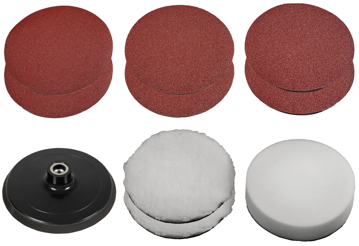 Eredeti Einhell 10 darabos polírozó sapka és csiszolópapír készlet (polírozó és csiszoló szerszámok tartozékai, 150 mm átmérőjű Einhell polírozó és csiszoló szerszámokhoz alkalmas)