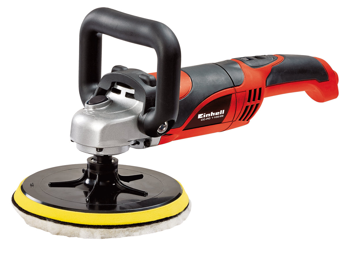 Einhell CC-PO 1100/2 E sarokpolírozó, 1100 W, 1000-3500 fordulat/perc, 180 mm-es tárcsaátmérő, fordulatszám-szabályozó elektronika, tengelyretesz, tartozékokkal együtt