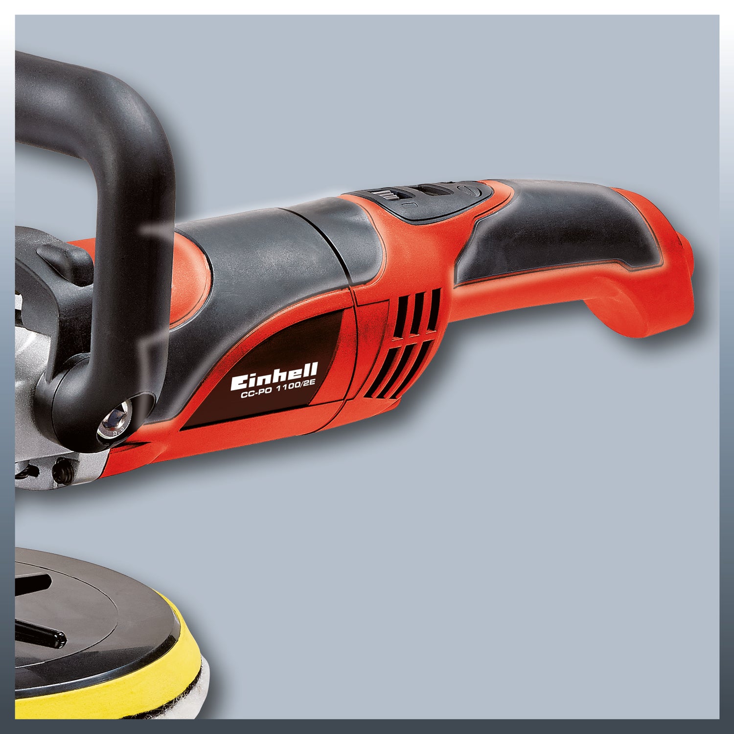 Einhell CC-PO 1100/2 E sarokpolírozó, 1100 W, 1000-3500 fordulat/perc, 180 mm-es tárcsaátmérő, fordulatszám-szabályozó elektronika, tengelyretesz, tartozékokkal együtt