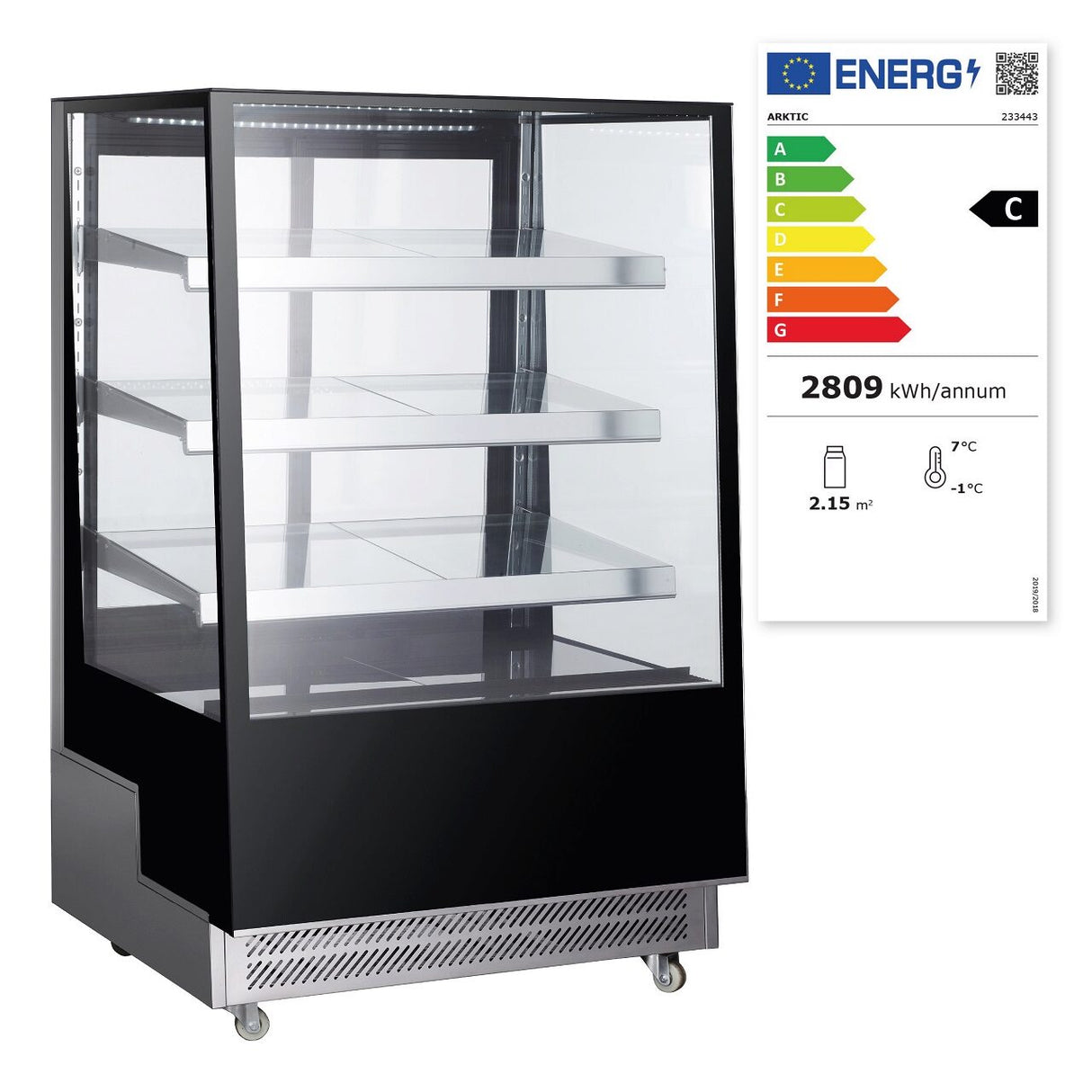 Vitrina frigorifica de prezentare interval temp. 2/6?C, 490 W corp inox, ARKTIC by Hendi, 900x805x(H)1445, 500 Litri, Clasa energetica C