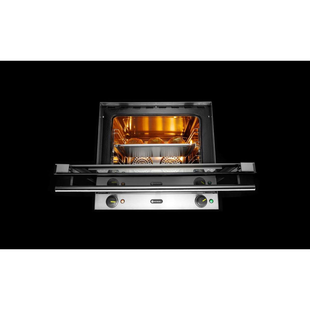 Cuptor convectie Hendi H90, 4 tavi 438x315 mm incluse, 2 elemente incalzire, 2 ventilatoare, termostat reglabil 50-300 gr C, timer 0-120 min, 2670 W,595x624x(H)572mm