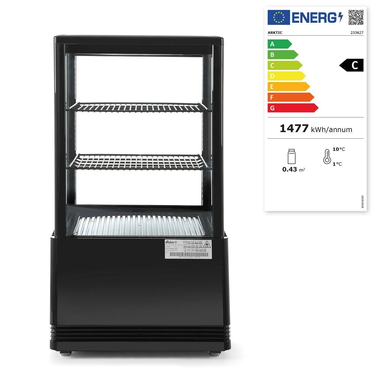 Vitrina rece pt prezentare, neagra, 58 lt, interval temp. 2-6 gr C, 170 W, 2 rafturi reglabile pe inaltime, ARKTIC by Hendi, 452x406x(H)816 mm, Clasa energetica C