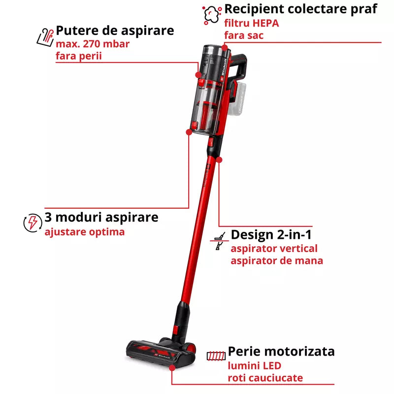 Aspirator vertical fara fir Einhell TE-SV 18/270 Li BL-Solo PXC,18 V, Brushless, 270 mbar, fara sac, 3 moduri de putere, sistem de filtrare in 3 etape, incl. accesorii, fara baterie - imagine 4