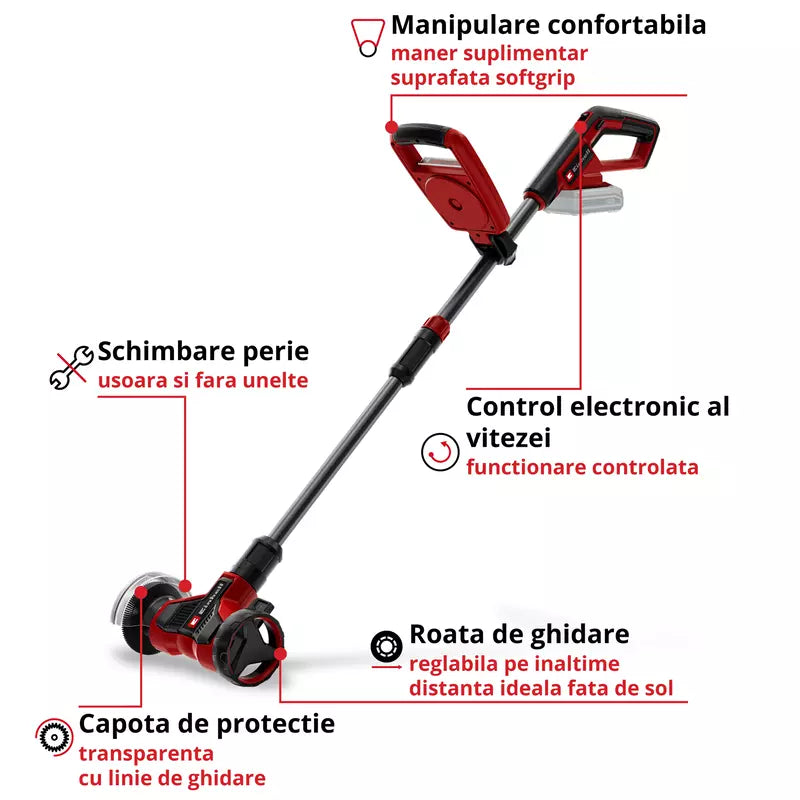 Masina de curatat rosturi pe acumulator Einhell GE-CC 18/110 Li E-Solo Power X-Change,18 V, bara telescopica, maner suplimentar, roata de ghidare reglabila, inclusiv 2 perii, fara baterie - imagine 4