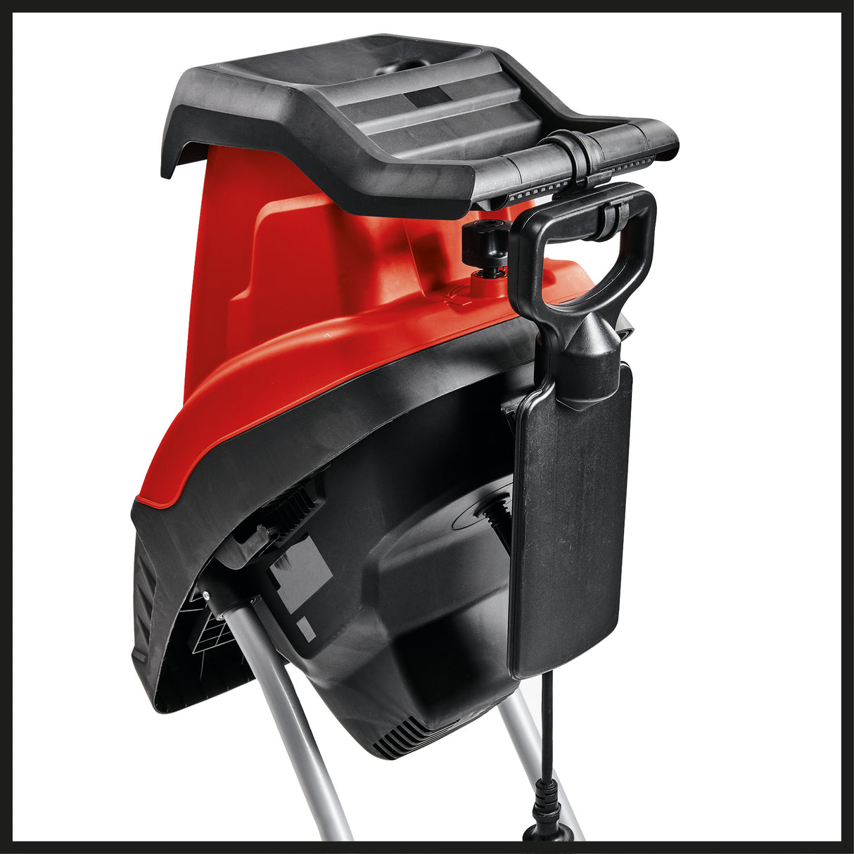 Einhell GC-KS 2540 elektromos faaprító, 2 db speciális acélból készült, megfordítható penge, nagy tartálynyílás, motorvédő kapcsoló, aprítógép hulladékgyűjtője, hordozófogantyú, faeltávolító eszköz