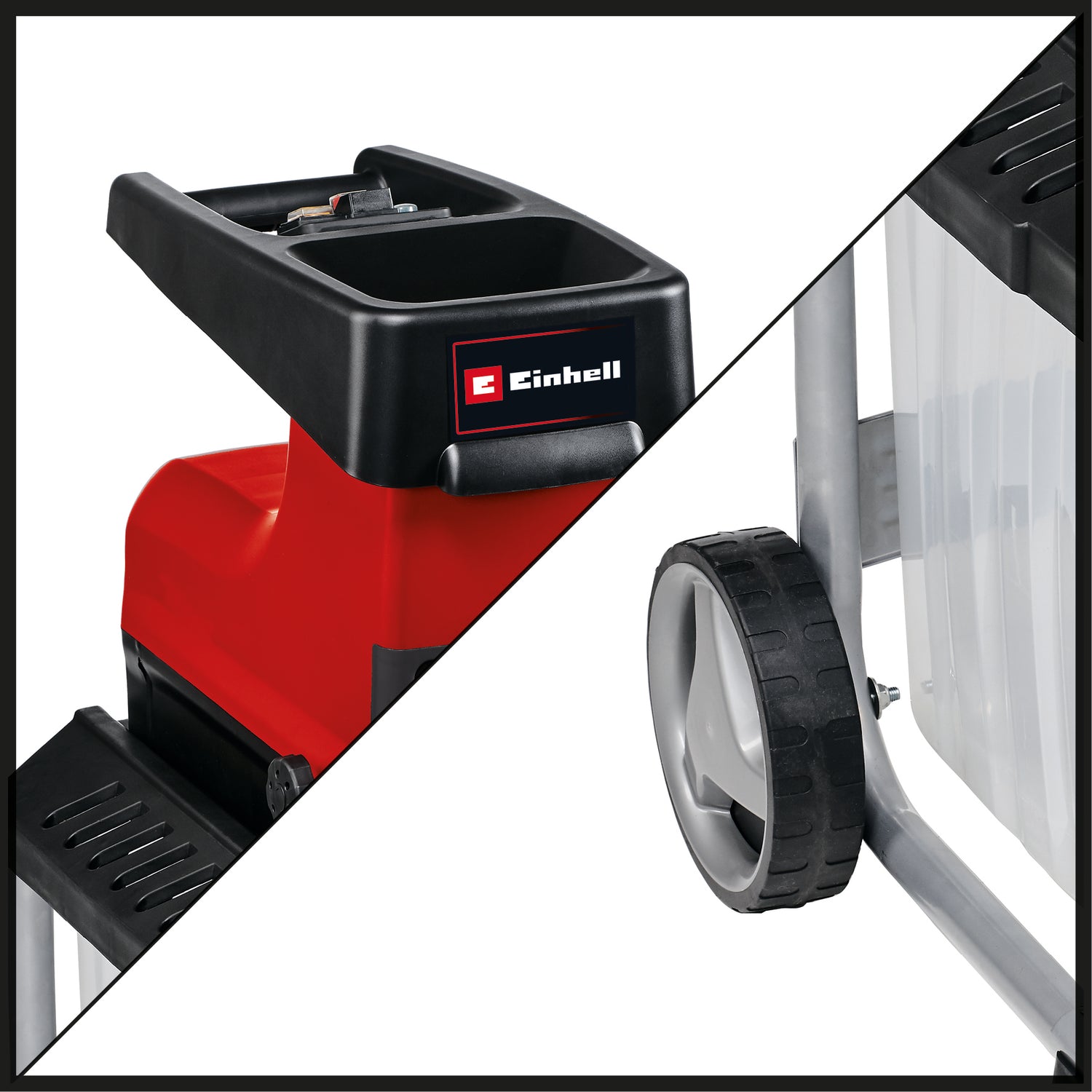 Einhell GC-RS 60 CB csendes elektromos aprító, 2800 W, vágóhenger, nagy tölcsérnyílás, váltókapcsoló, átlátszó gyűjtőtartály, beépített biztonsági kapcsoló
