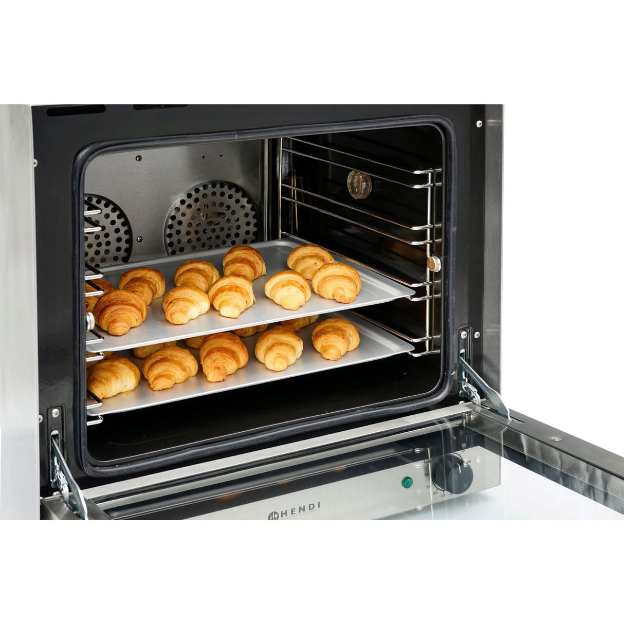 Cuptor convectie Hendi H90, 4 tavi 438x315 mm incluse, 2 elemente incalzire, 2 ventilatoare, termostat reglabil 50-300 gr C, timer 0-120 min, 2670 W,595x624x(H)572mm