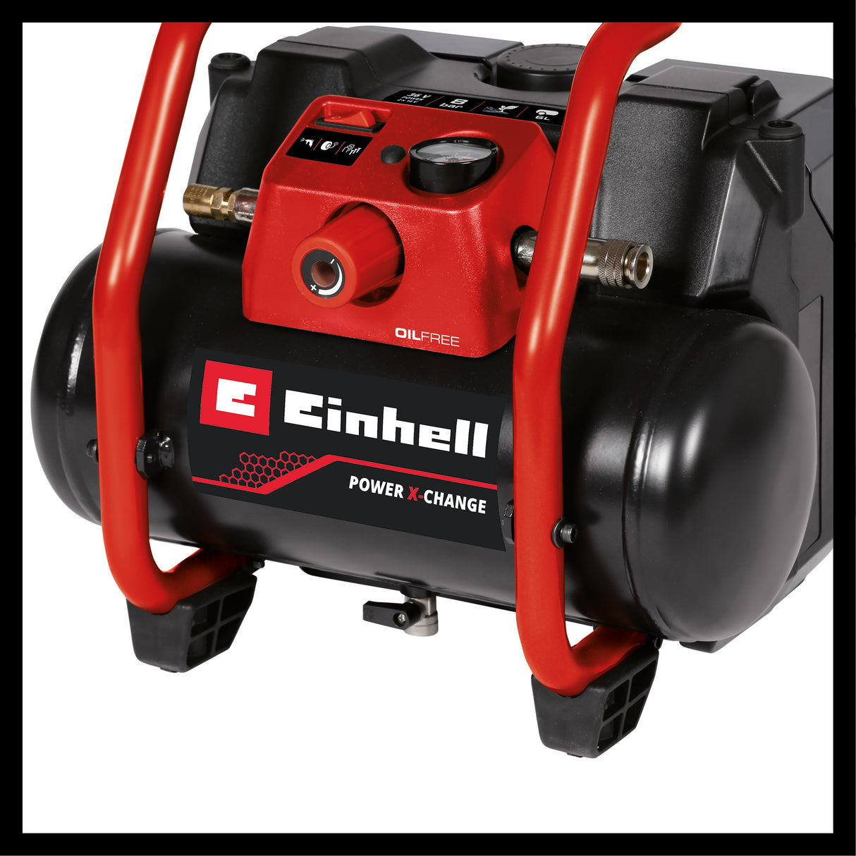 Einhell TE-AC 36/150 Li OF-Solo Power X-Change akkumulátoros kompresszor (36 V, max. 8 bar, 6 literes tartály, 150 l/perc bemeneti kapacitás, nyomásmérő, olajmentes, akkumulátor nélkül)