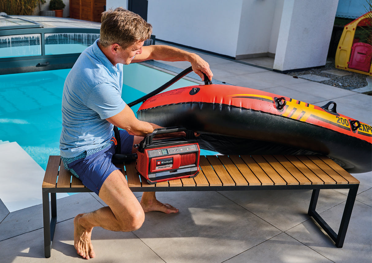 Einhell PRESSITO 18/25 Power X-Change akkus kompresszor (18 V, max. 11 bar, 3 részes adapterkészlettel, 71 cm-es magasnyomású tömlővel és 1,6 m-es alacsonynyomású tömlővel, akkumulátor nélkül