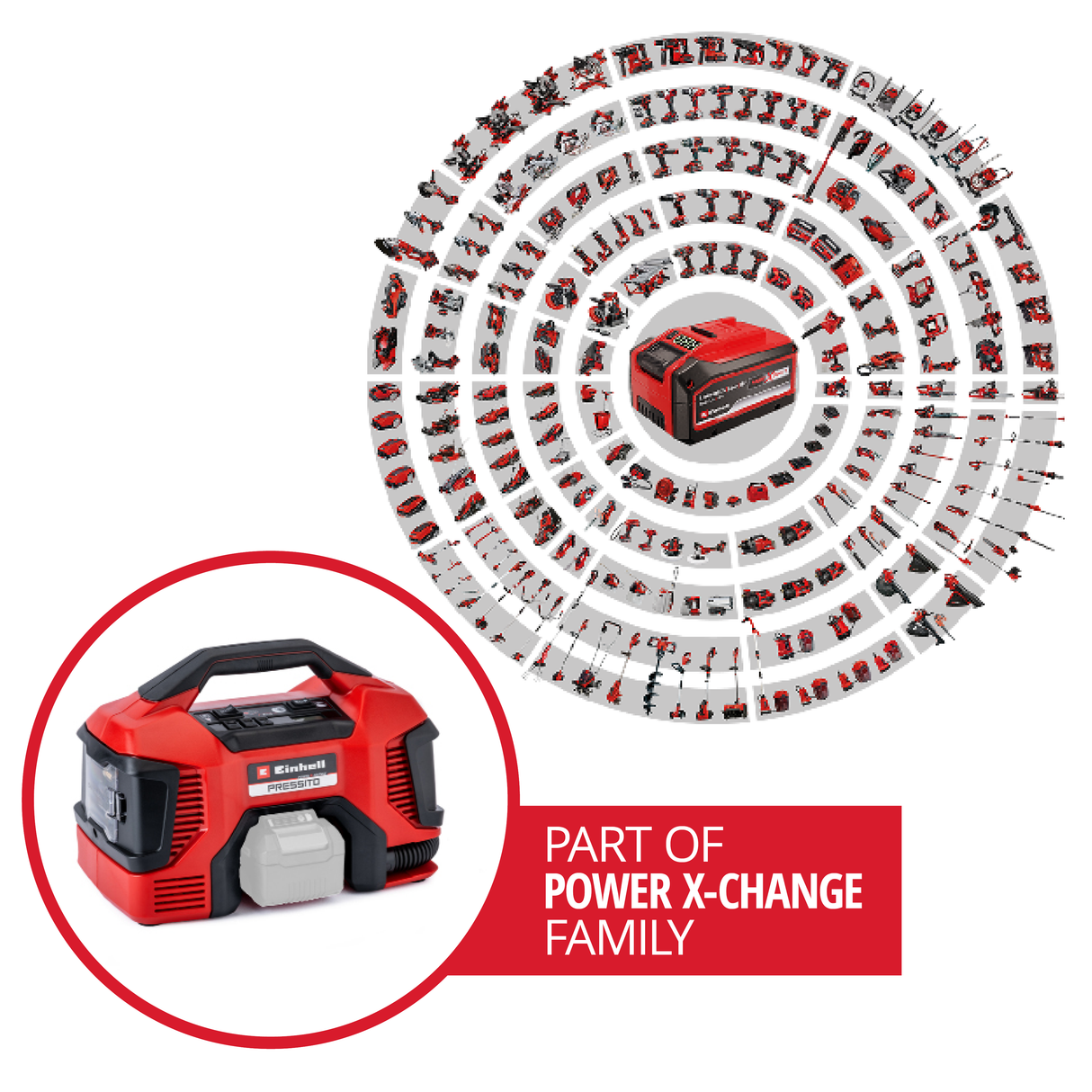 Einhell PRESSITO Power X-Change akkus kompresszor, 18 V, max. 11 bar, tömlőhossz 31 cm, 3 részes adapterkészlettel, akkumulátor nélkül