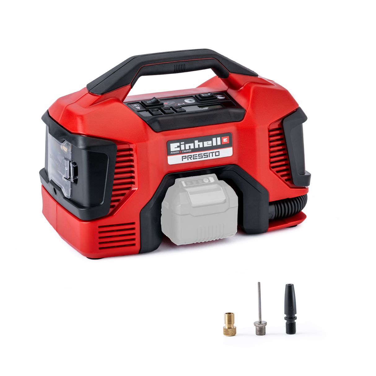 Einhell PRESSITO Power X-Change akkus kompresszor, 18 V, max. 11 bar, tömlőhossz 31 cm, 3 részes adapterkészlettel, akkumulátor nélkül