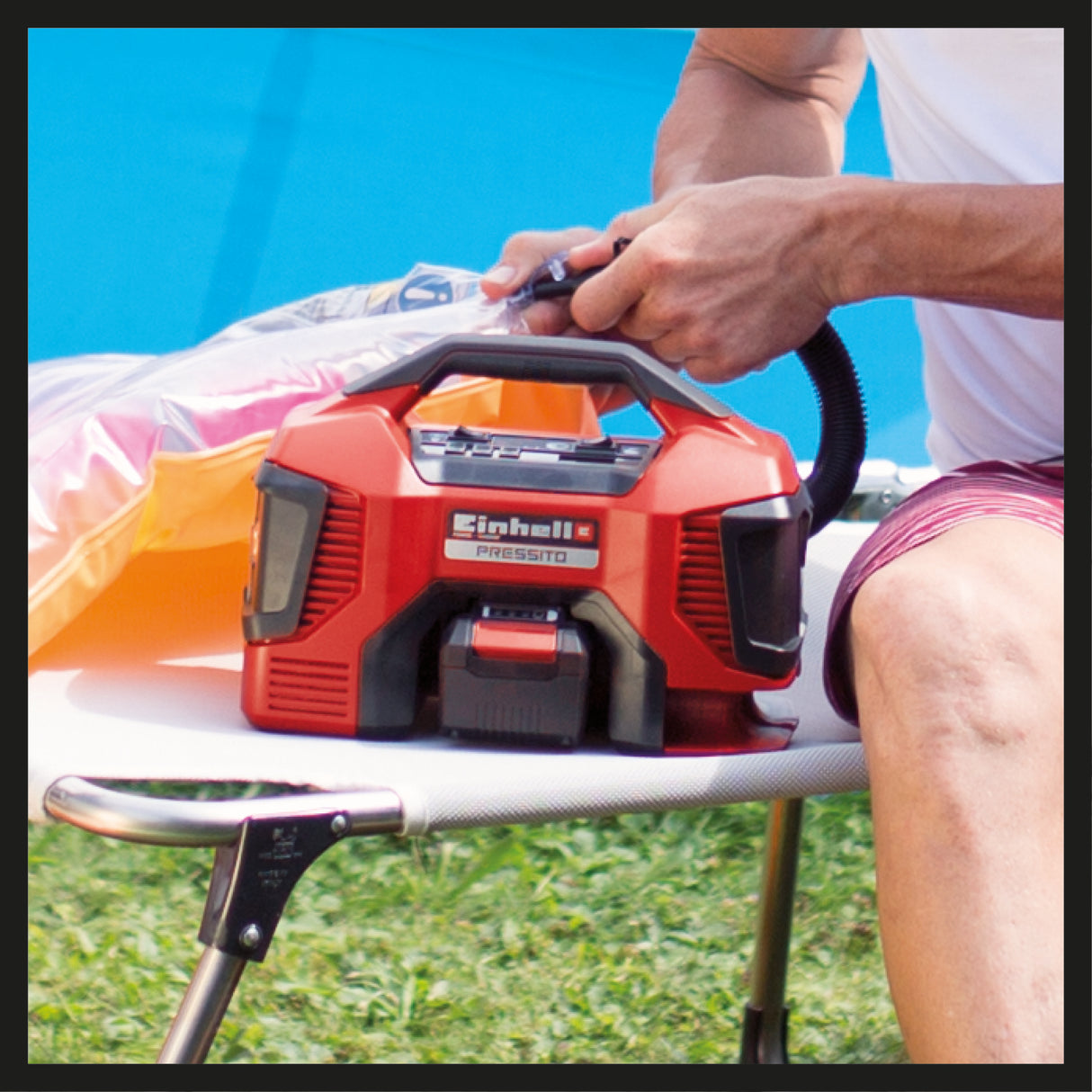 Einhell PRESSITO Power X-Change akkus kompresszor, 18 V, max. 11 bar, tömlőhossz 31 cm, 3 részes adapterkészlettel, akkumulátor nélkül