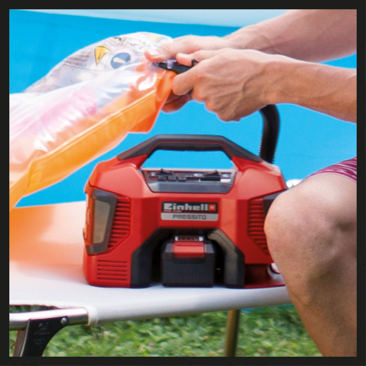 Einhell PRESSITO Power X-Change akkus kompresszor, 18 V, max. 11 bar, tömlőhossz 31 cm, 3 részes adapterkészlettel, akkumulátor nélkül