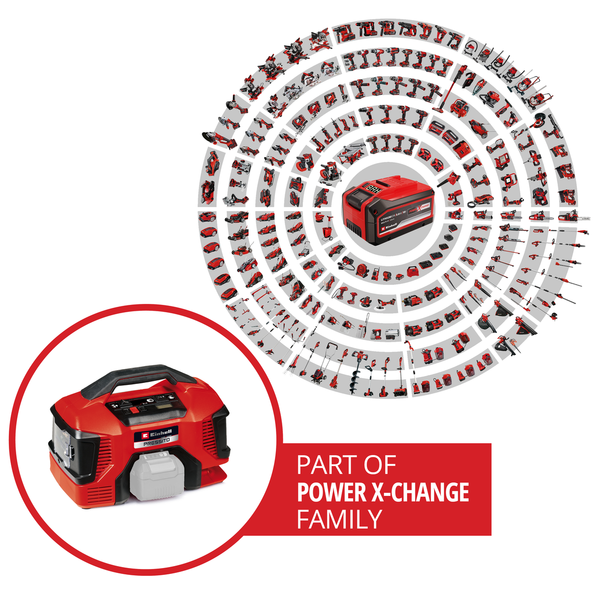 Einhell PRESSITO 18/21 Power X-Change akkus kompresszor, Li-ion, 18 V, nagy- és kisnyomású szivattyú, digitális nyomáskijelző, automatikus kikapcsolás funkció, akkumulátor és töltő nélkül