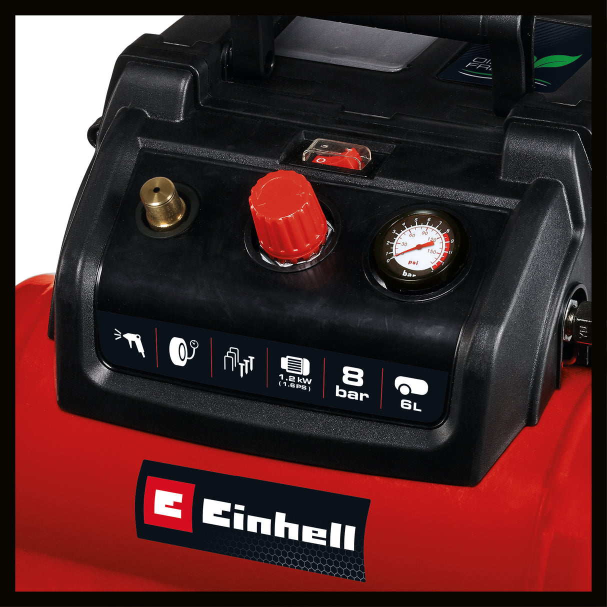 Compresor Einhell TC-AC 190/6/8 OF Set, 1200 W, max. 8 bar, rezervor de 6 L, capacitate de admisie 190 L/m, turatie motor 18000 rpm, regulator de presiune, manometru, fara ulei