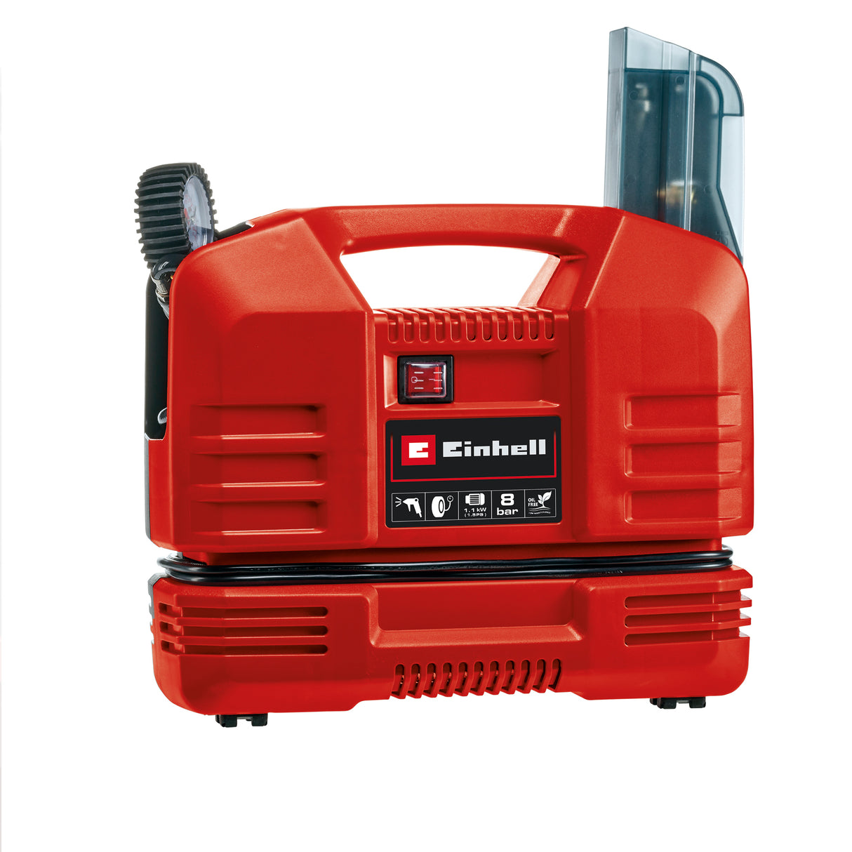 Set compresor Einhell TC-AC 190 OF, 1100 W, max. 8 bar, debit de aspiratie 190 L/min, turatie motor 15000 rpm, furtun de 3 metri, include set adaptor 3 piese, fara ulei