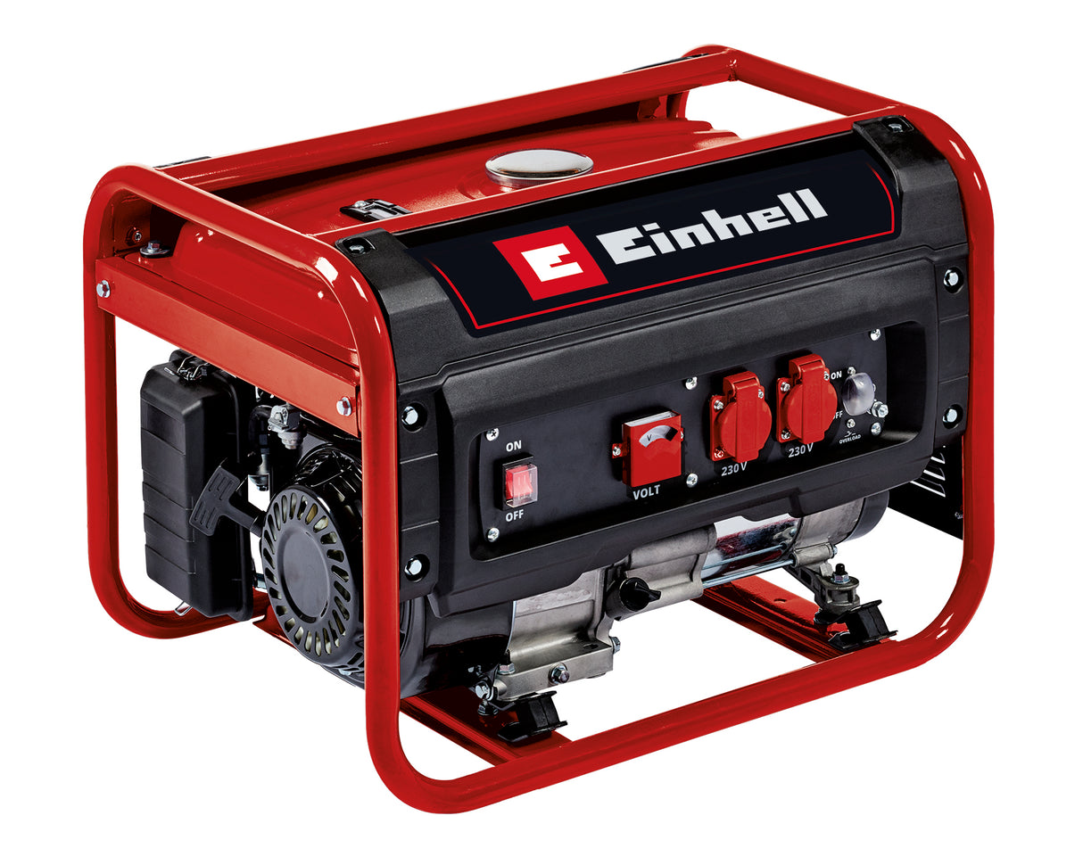 Einhell áramfejlesztő, benzinmotoros TC-PG 25/1/E5, 2100 W folyamatos teljesítmény, névleges áram 9,1 A 230 V-on, max. 2400 W, alacsony kibocsátású 4 ütemű motor, 2 db 230 V-os aljzat voltmérővel, 15 literes benzintank