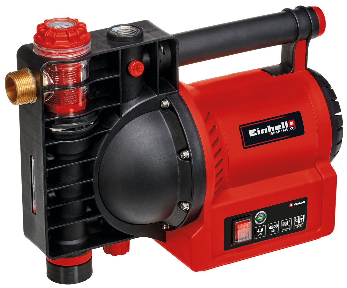 Einhell GE-GP 1145 ECO kerti szivattyú, 1100 W, víz-/szennyeződés-/szívótöltésjelzők, hő-/fagyvédelem, vízbetöltő csavar, előszűrő visszacsapó szeleppel