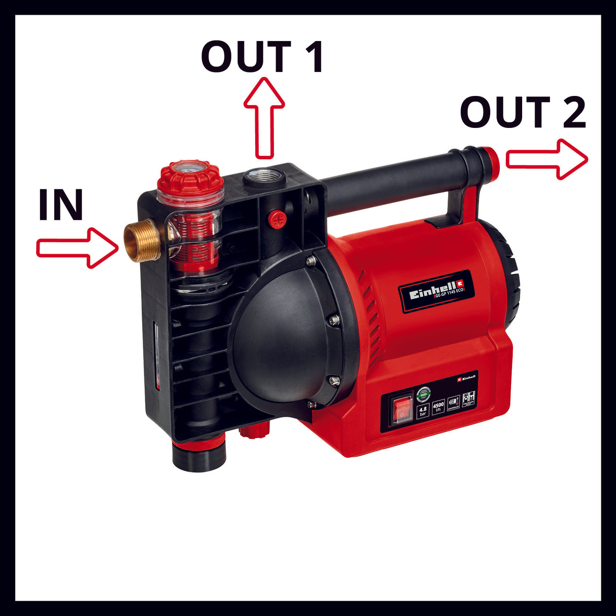 Einhell GE-GP 1145 ECO kerti szivattyú, 1100 W, víz-/szennyeződés-/szívótöltésjelzők, hő-/fagyvédelem, vízbetöltő csavar, előszűrő visszacsapó szeleppel