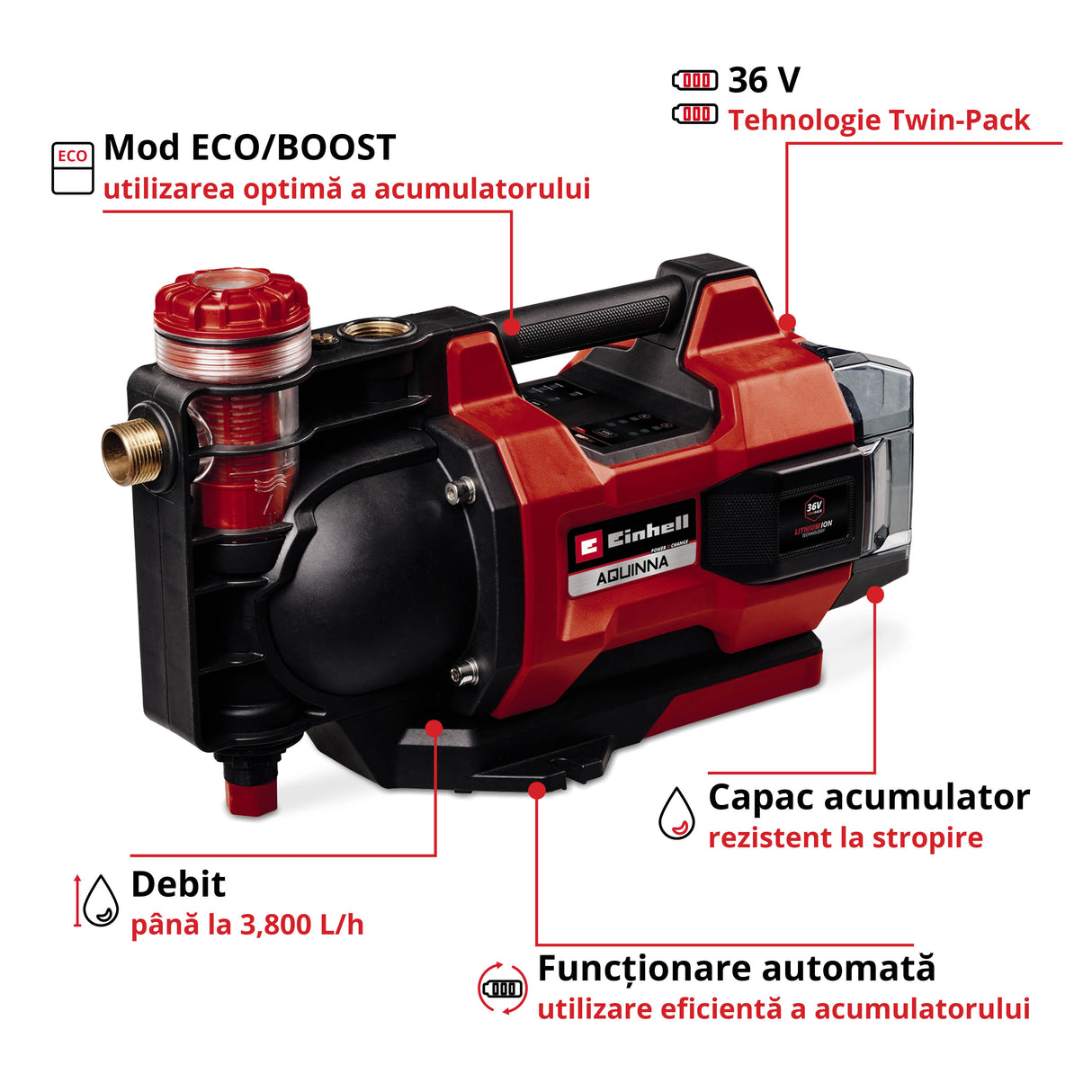 Einhell AQUINNA 36/38 F LED AUTOMATIC Power X-Change automata akkumulátoros kerti szivattyú, 36 V, max. 3800 l/h, max. szállítási magasság 37 m, automatikus funkció, ECO/BOOST, előszűrő, akkumulátor nélkül