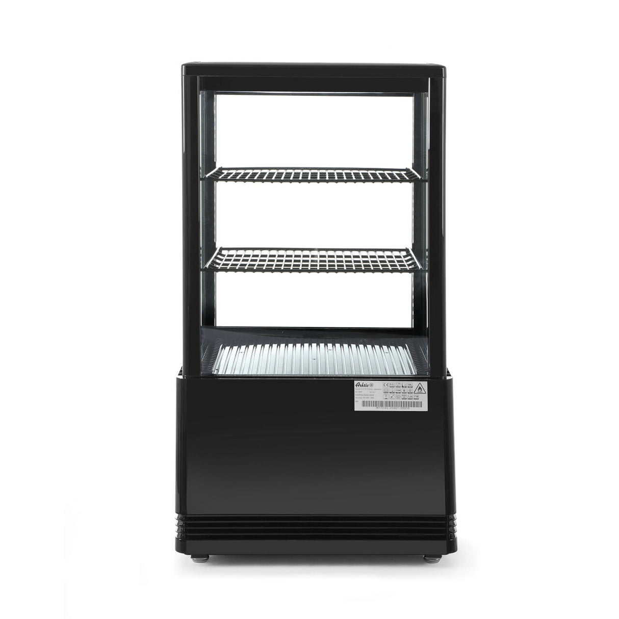 Vitrina rece pt prezentare, neagra, 58 lt, interval temp. 2-6 gr C, 170 W, 2 rafturi reglabile pe inaltime, ARKTIC by Hendi, 452x406x(H)816 mm, Clasa energetica C