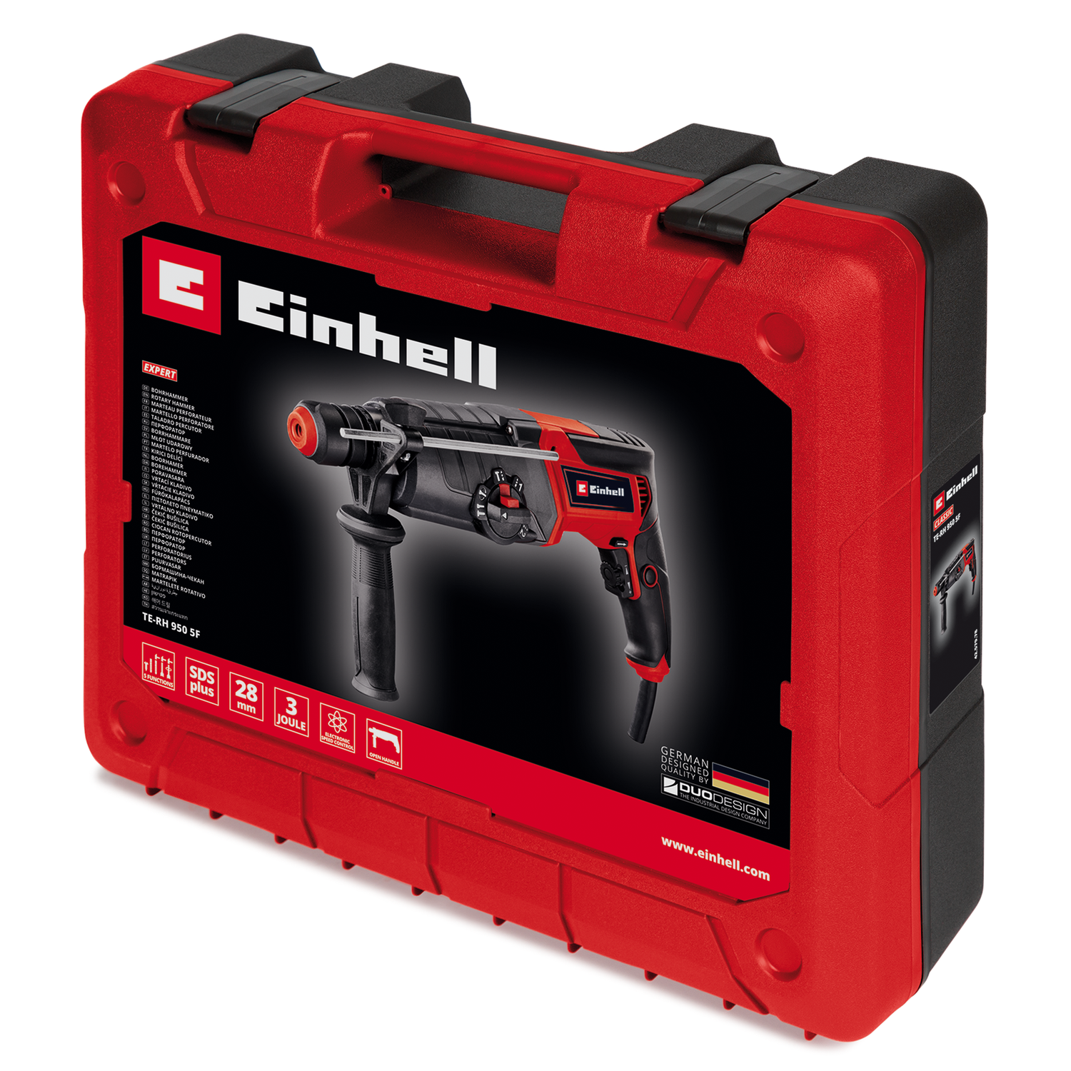 Einhell TE-RH 950 5F fúrókalapács, 950 W, 2 sebességes hajtómű, 3 J ütésállóság, SDS Plus befogás, 28 mm fúrási kapacitás betonban, fúrási mélységhatároló, dobozban szállítva