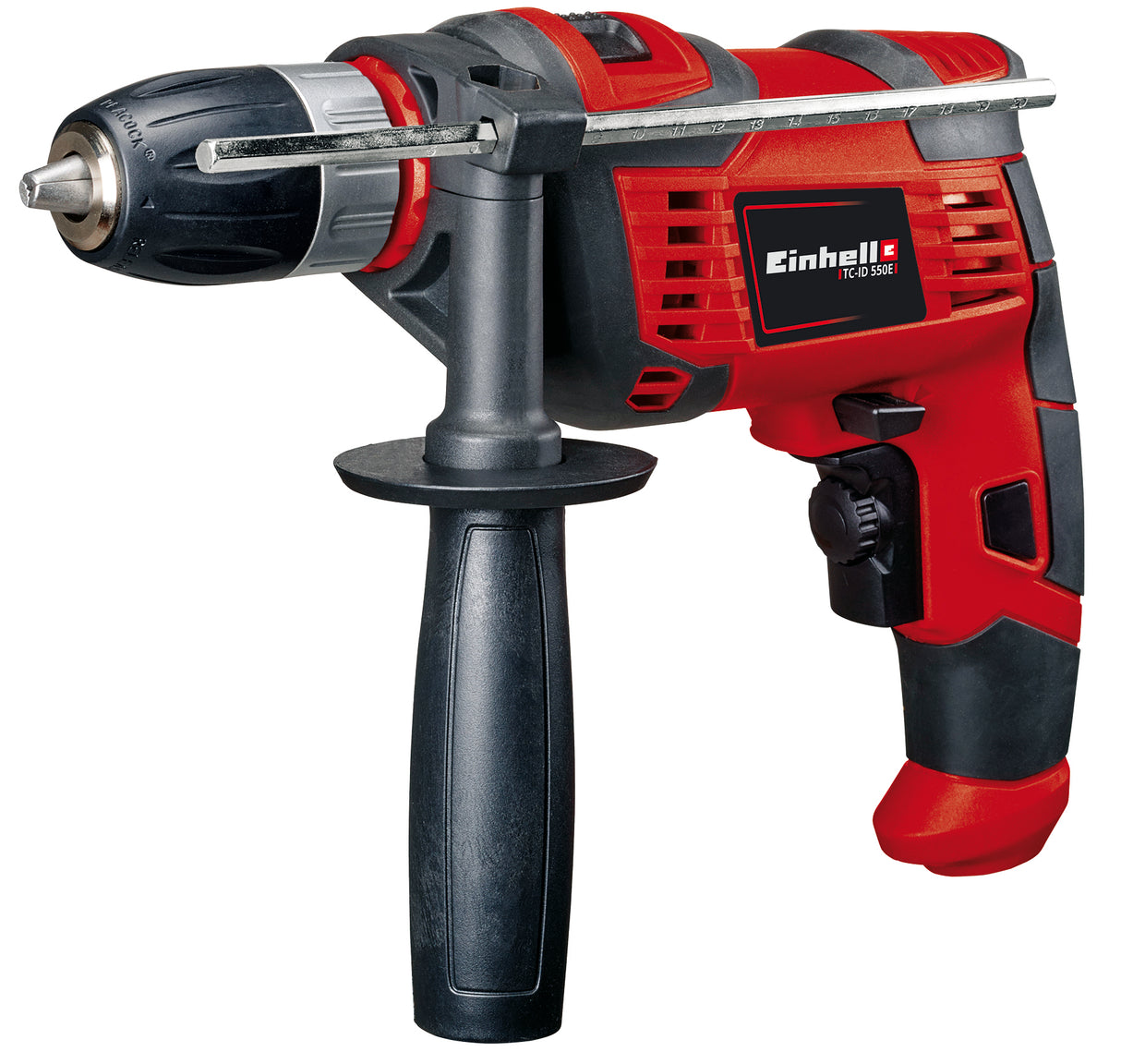 Einhell TC-ID 550 E ütvefúró, 550 W, elektronikus fordulatszám-szabályozás, fordulatszám-előválasztás, mindkét irányú forgás, fém mélységütköző, pótfogantyú