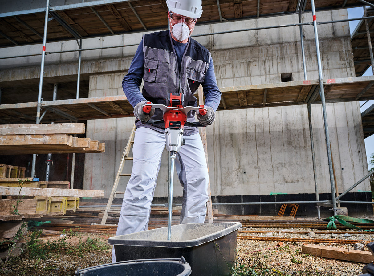 Miher vopsea si mortar pe acumulator Einhell Professional TP-MX 18-2 Li BL Solo Power X-Change2 trepte de viteza, motor fara perii, max. 720 rpm, control al vitezei, incl. agitator Ø120 mm, fara acumulator