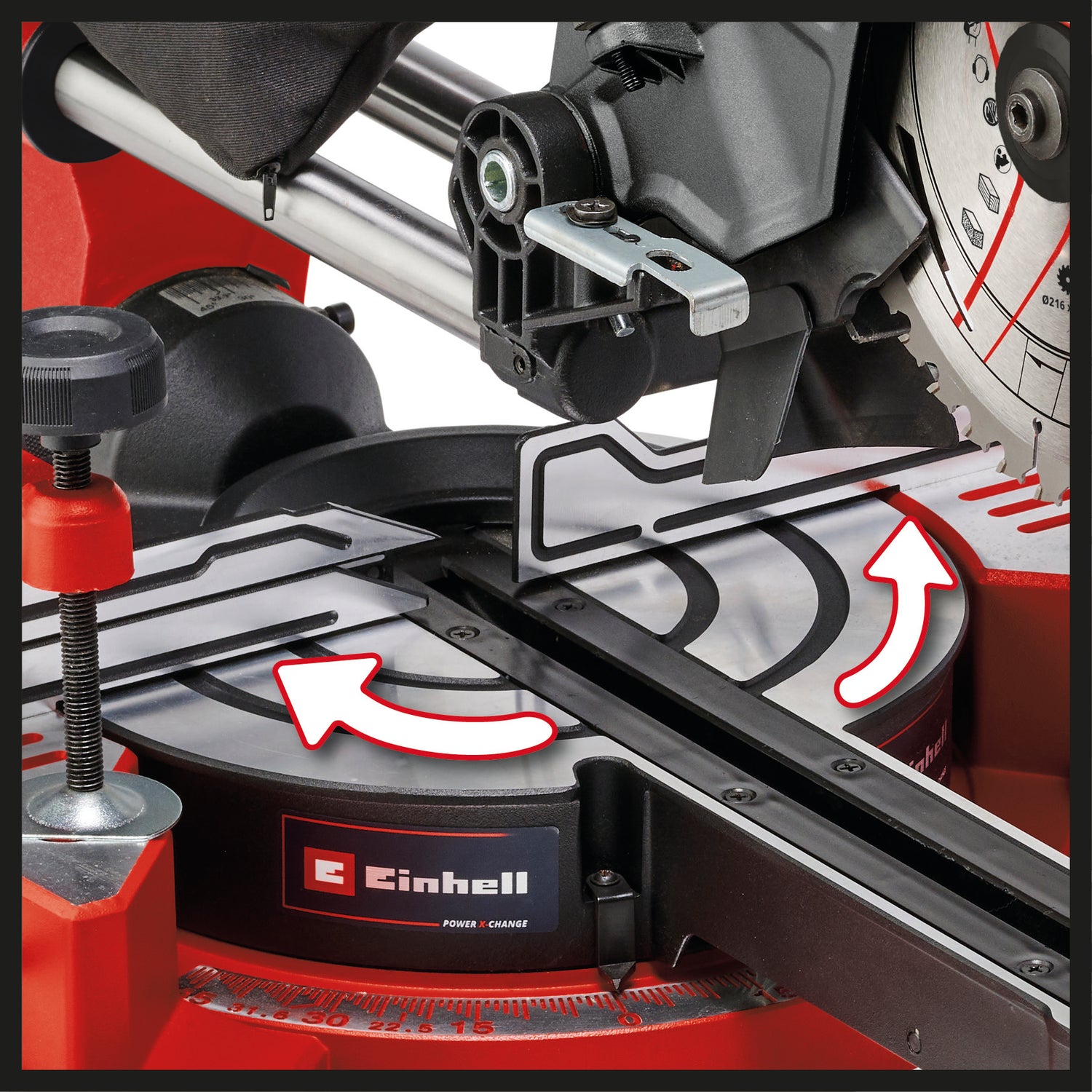 Einhell TE-SM 36/8 L Li-Solo Power X-Change akkus körfűrész (36 V, keményfém lapkás fűrészlap Ø 216, forgó fűrészasztal, tolófunkció, vágóvonal-lézer, akkumulátor nélkül