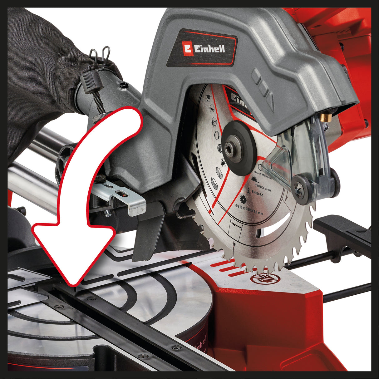 Einhell TE-SM 36/8 L Li-Solo Power X-Change akkus körfűrész (36 V, keményfém lapkás fűrészlap Ø 216, forgó fűrészasztal, tolófunkció, vágóvonal-lézer, akkumulátor nélkül