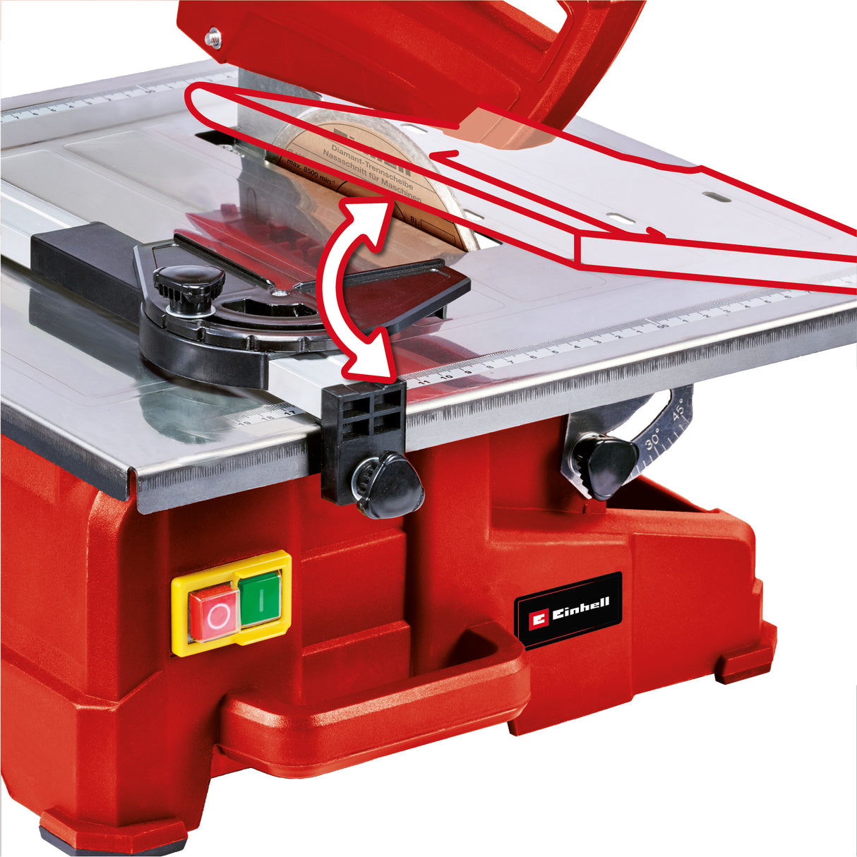 Einhell TC-TC 800 kerámialap-vágó gép, 800 W, 2950 fordulat/perc, rozsdamentes acél összecsukható asztal szögskálával, állítható szögütközővel, víztartállyal, párhuzamos ütközővel, vágókorongvédelemmel, hordozófogantyúval