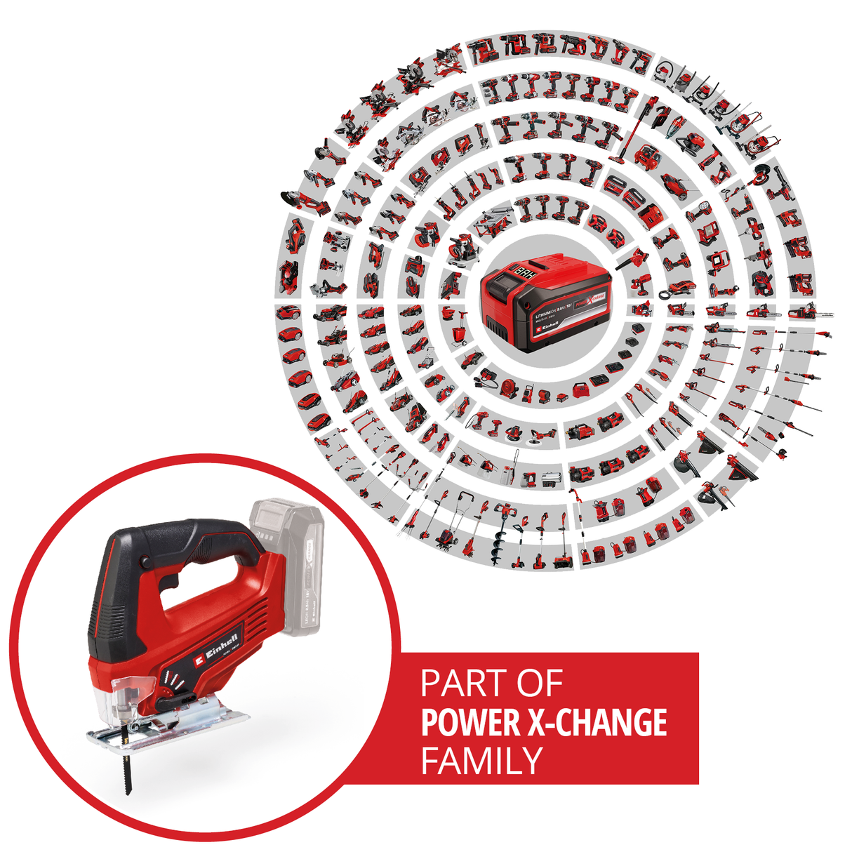 Einhell akkus szúrófűrész TC-JS 18 Li (1x2,5 Ah Power X-Change (Li-ion, 18 V, ingafunkció, porelszívó adapter, 1x 2,5 Ah akkumulátorral, töltővel és táskával)