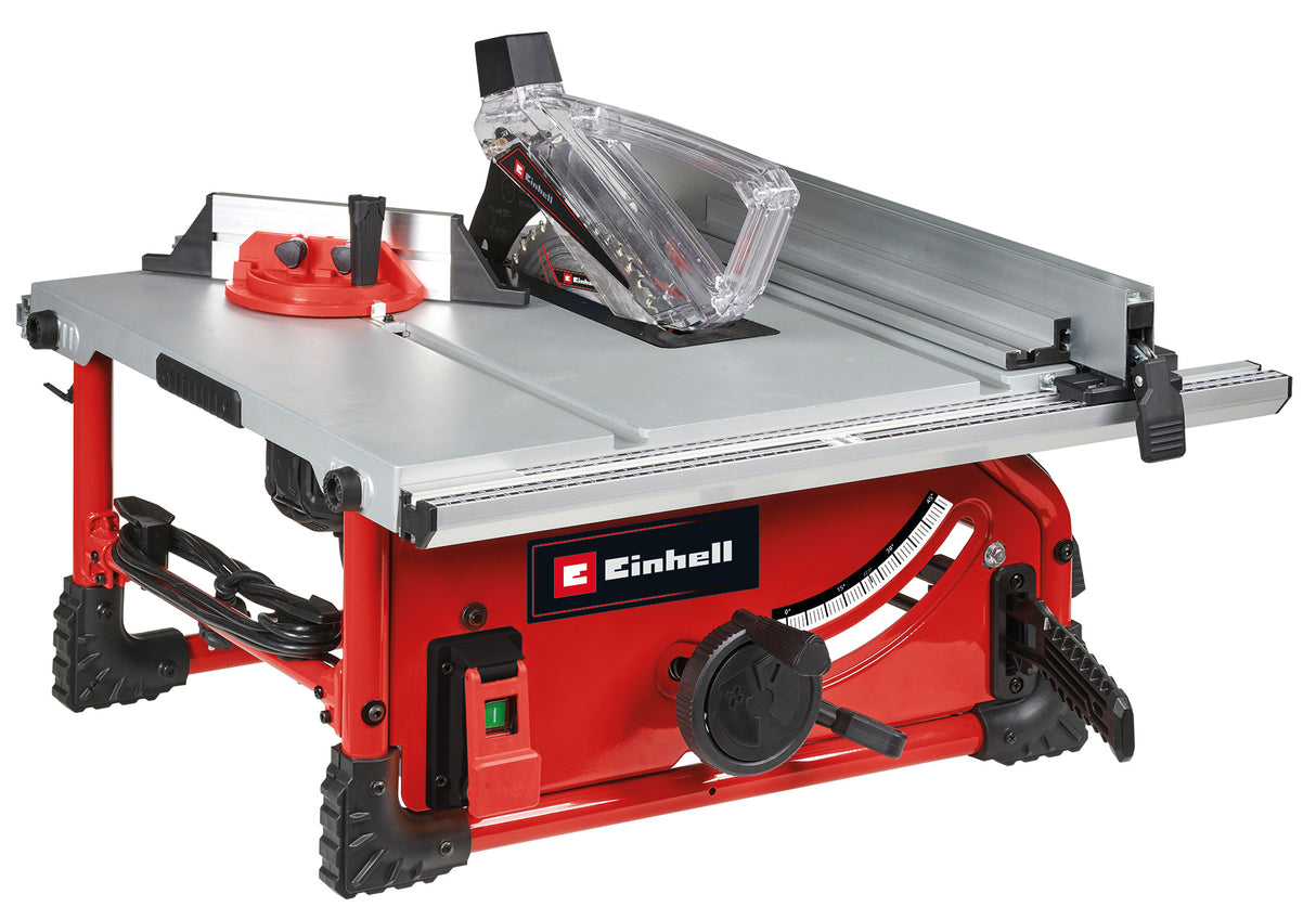 Einhell TE-TS 254 T asztali körfűrész, 2000 W, könnyű indítás, alumínium főasztal, asztalhosszabbító, hosszvezető, szögütköző, túlterheléskapcsoló, hasítóék-állítás