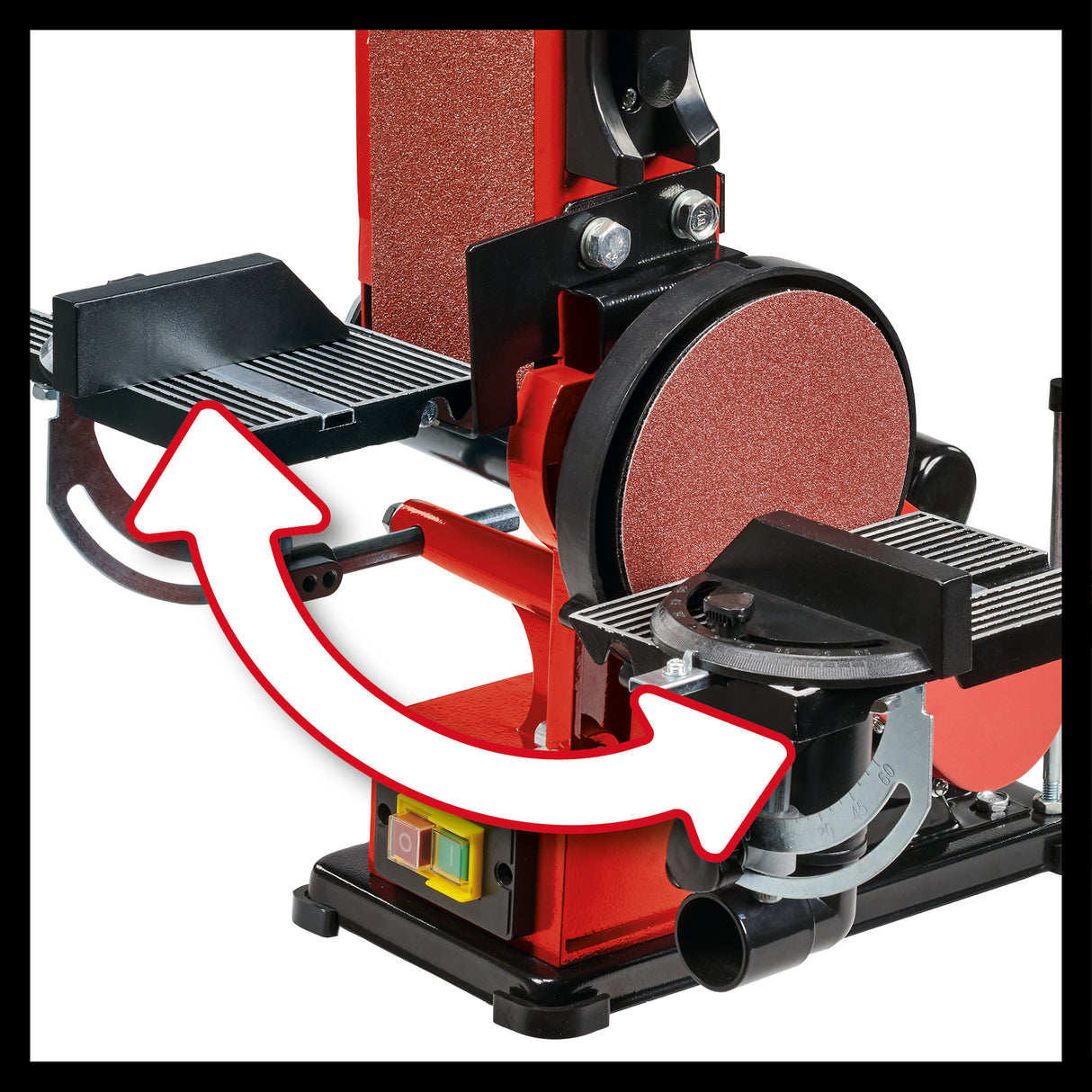 Einhell TC-US 380 álló szalagcsiszoló, 380 W, álló szalagsebesség 292 m/perc, csiszolókorong sebessége 1450 ford/perc, 1 db K80 csiszolószalaggal és 1 db K80 csiszolópapírral