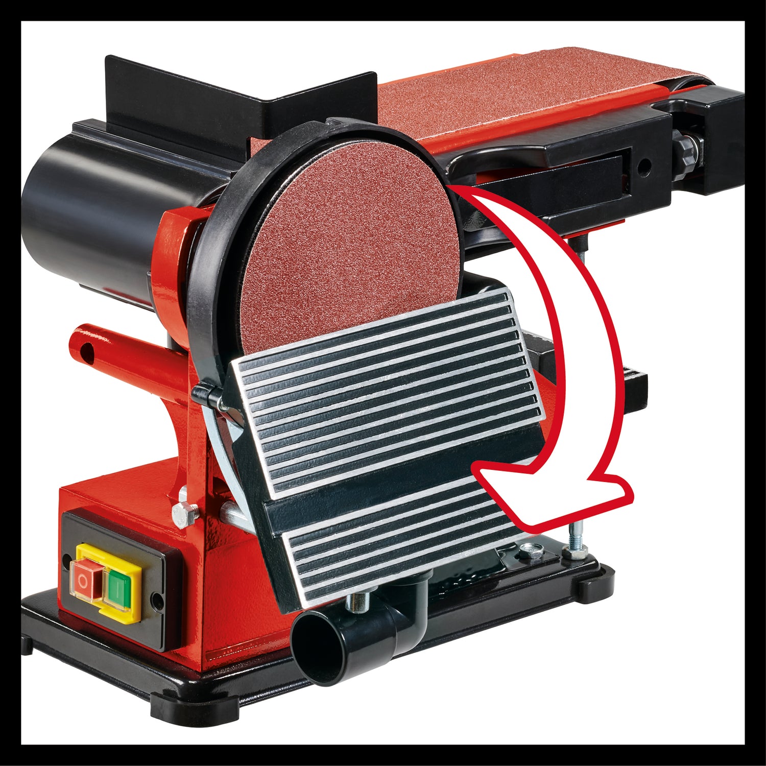 Einhell TC-US 380 álló szalagcsiszoló, 380 W, álló szalagsebesség 292 m/perc, csiszolókorong sebessége 1450 ford/perc, 1 db K80 csiszolószalaggal és 1 db K80 csiszolópapírral