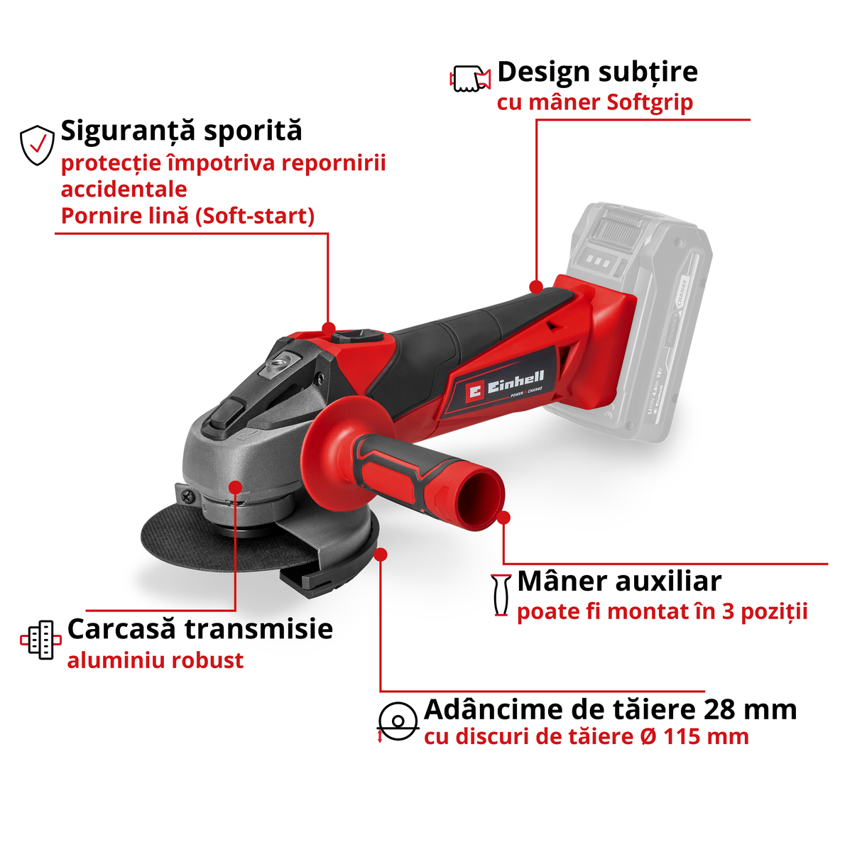 Polizor unghiular pe acumulator Einhell TC-AG 18/115 Li-Solo Power X-Change , 18 V, diametru disc 115 mm, adancime de taiere 28 mm, pornire lina, fara disc de taiere, fara acumulator