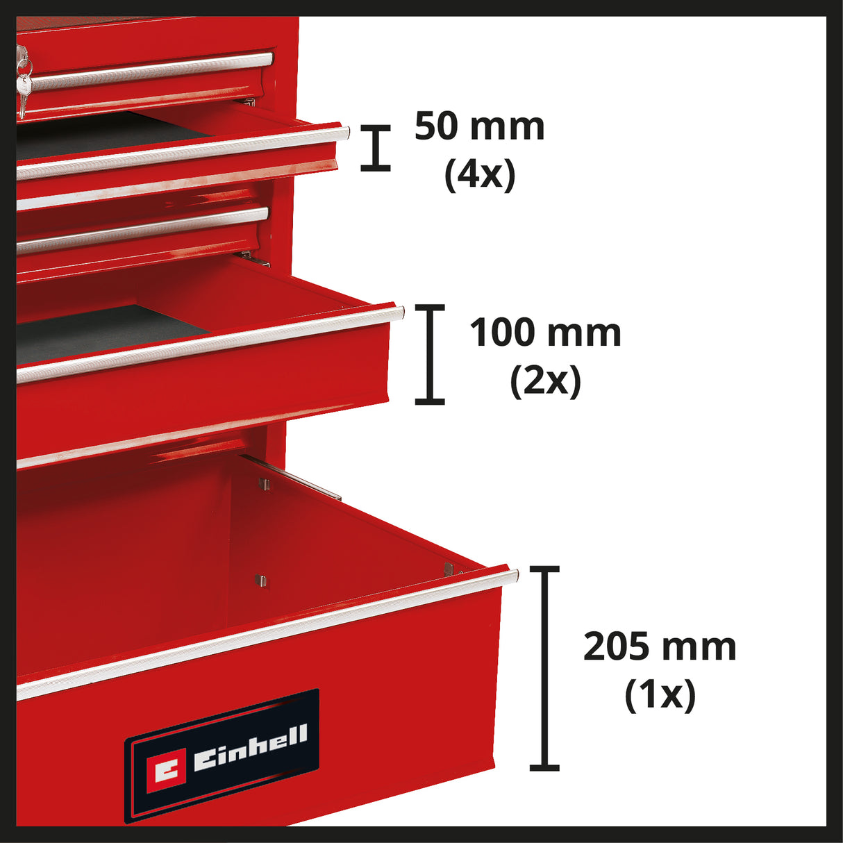Einhell TC-TW 150 szerszámos kocsi, maximális teherbírás 150 kg, 7 teljesen kihúzható, csapágyazott fiók, 4 nagy, könnyen gördülő kerék, zárrendszer