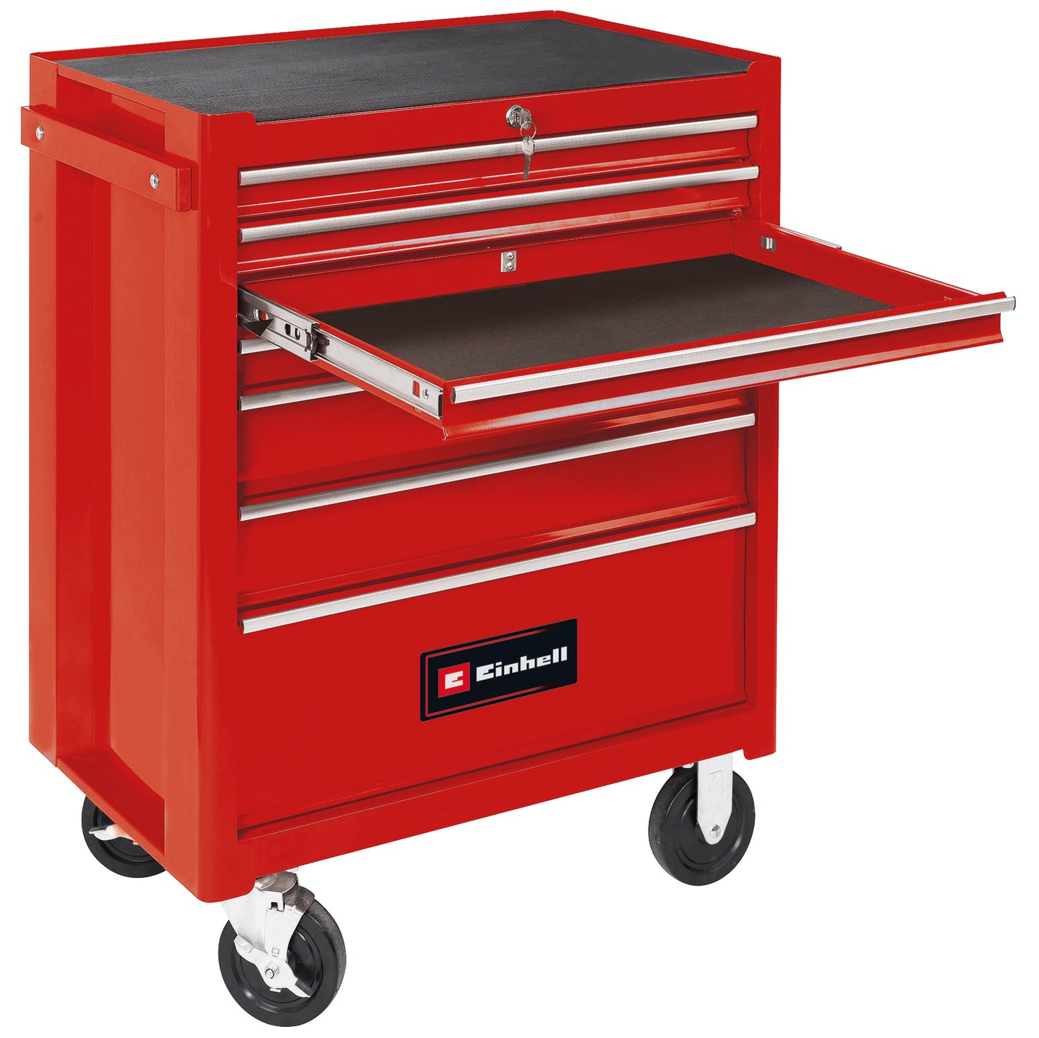 Einhell TC-TW 150 szerszámos kocsi, maximális teherbírás 150 kg, 7 teljesen kihúzható, csapágyazott fiók, 4 nagy, könnyen gördülő kerék, zárrendszer