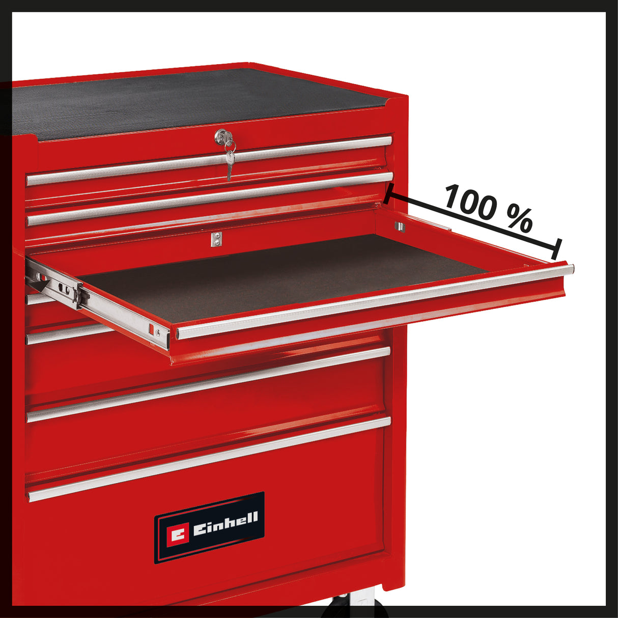 Einhell TC-TW 150 szerszámos kocsi, maximális teherbírás 150 kg, 7 teljesen kihúzható, csapágyazott fiók, 4 nagy, könnyen gördülő kerék, zárrendszer