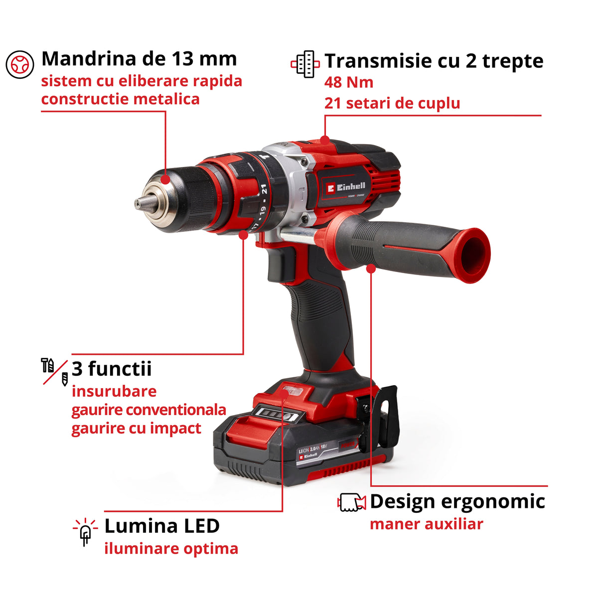 Einhell TE-CD 18/48 Li-i Kit Power X-Change akkus ütvefúró-csavarozó, Li-ion, 18 V, 48 Nm, fúrási kapacitás 10 mm betonban, táska, 2 db 2.0 Ah akkumulátorral és töltővel
